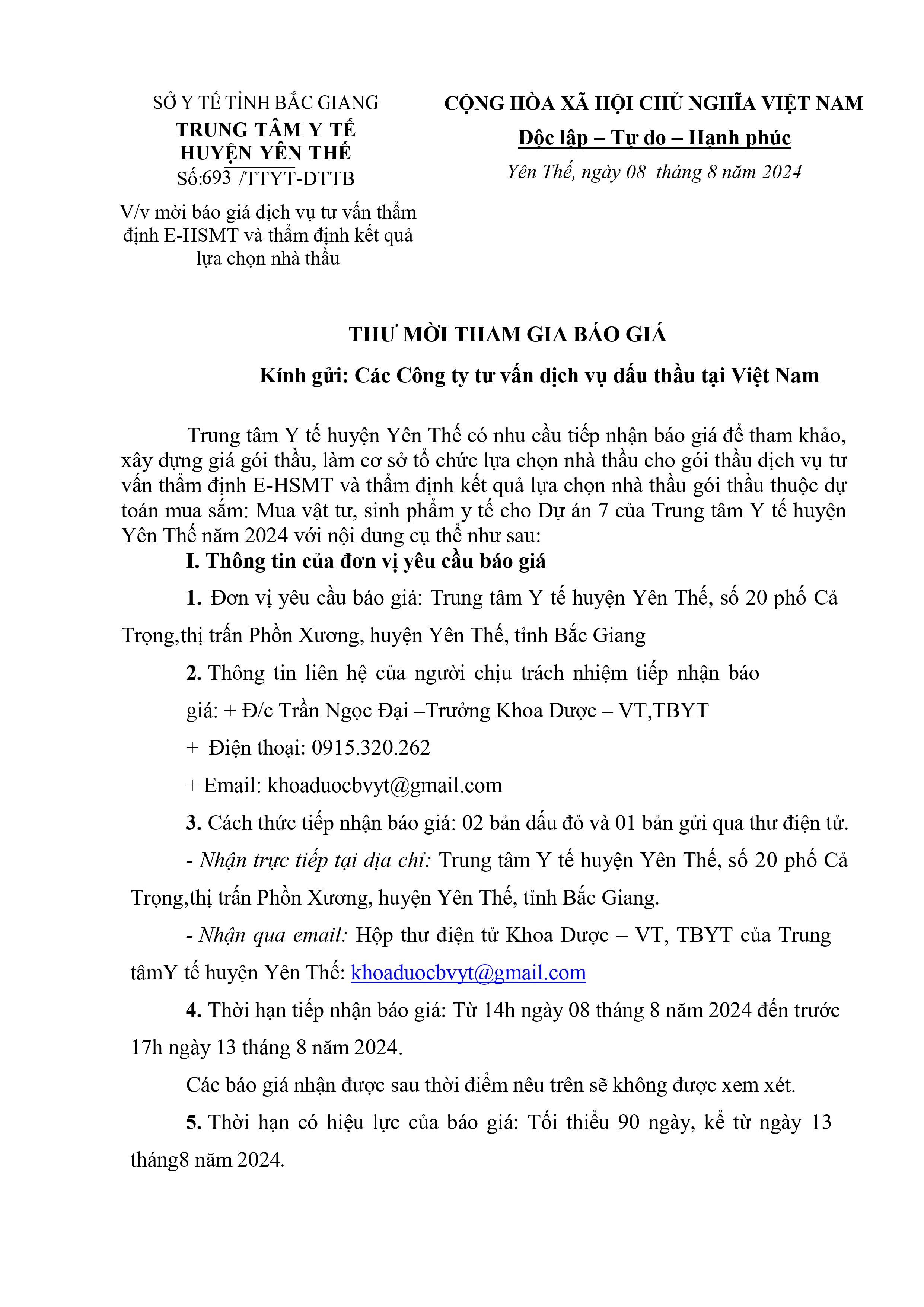 Thư mời báo giá dịch vụ tư vấn thẩm định E-HSMT và thẩm định kết quả lựa chọn nhà thầu gói thầu...