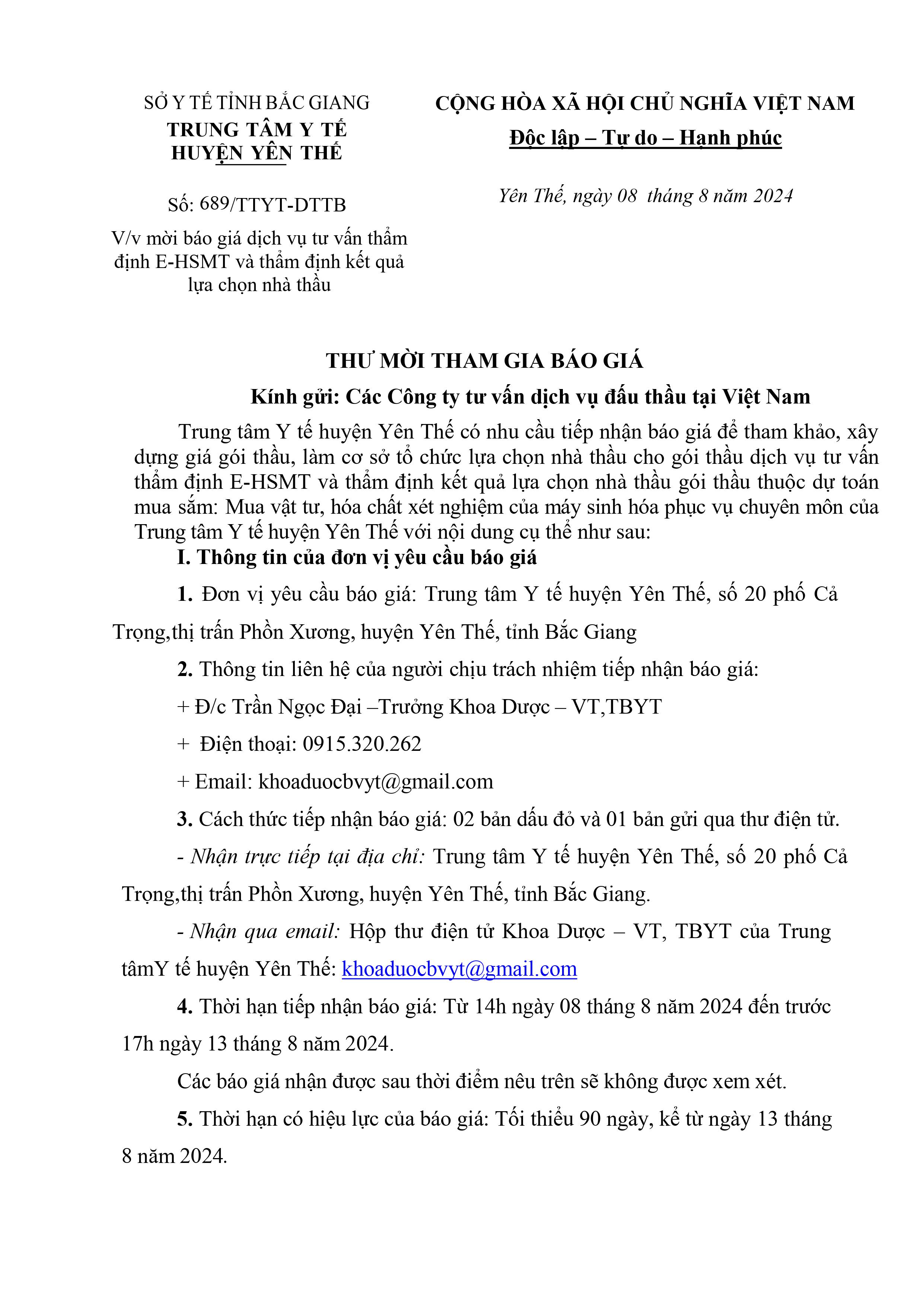 Thư mời báo gái dịch vụ tư vấn thẩm định E-HSMT và thẩm định kết quả lựa chọn nhà thầu gói thầu:...