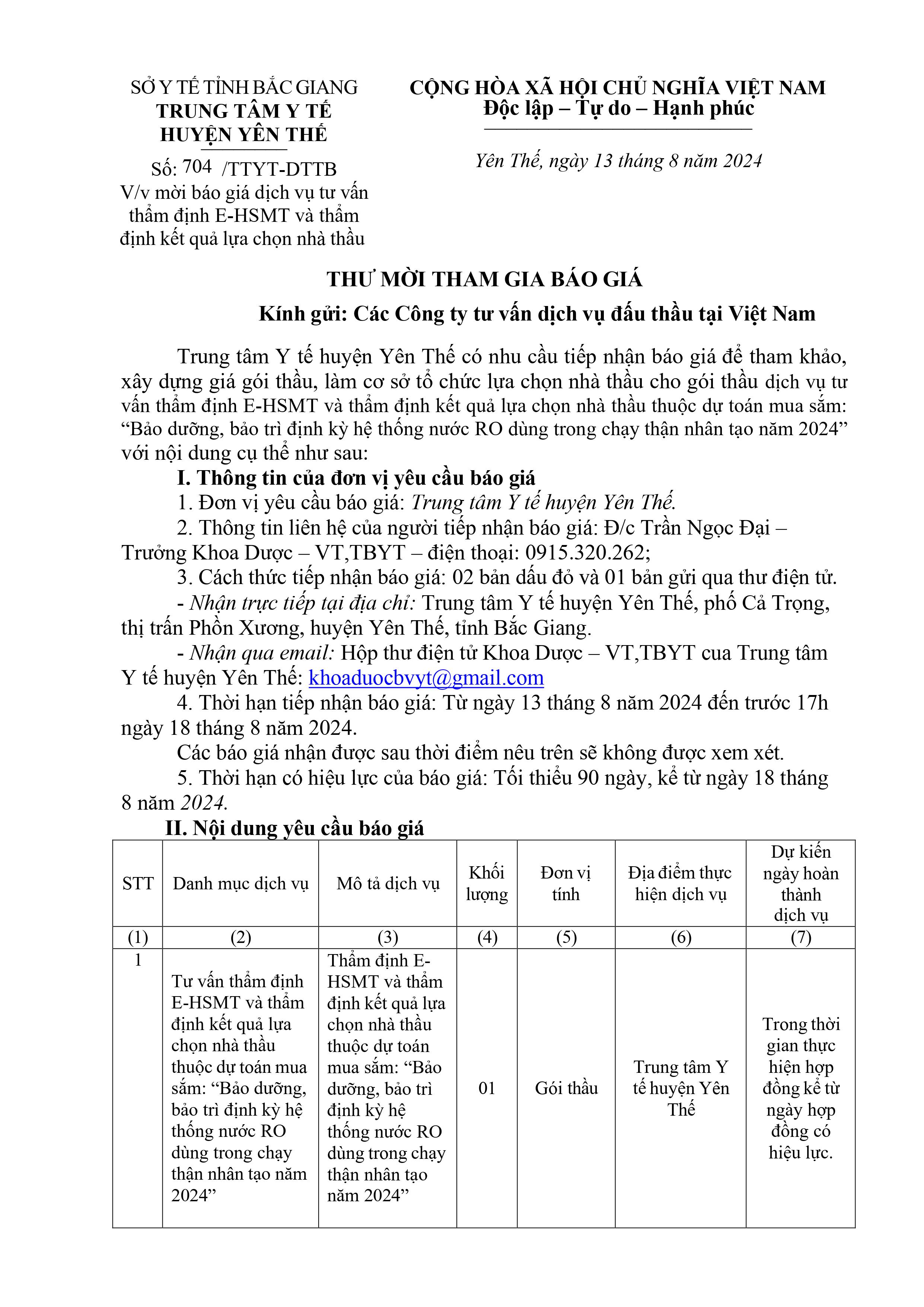 Thư mời báo gái dịch vụ tư vấn thẩm định E-HSMT và thẩm định kết quả lựa chọn nhà thầu