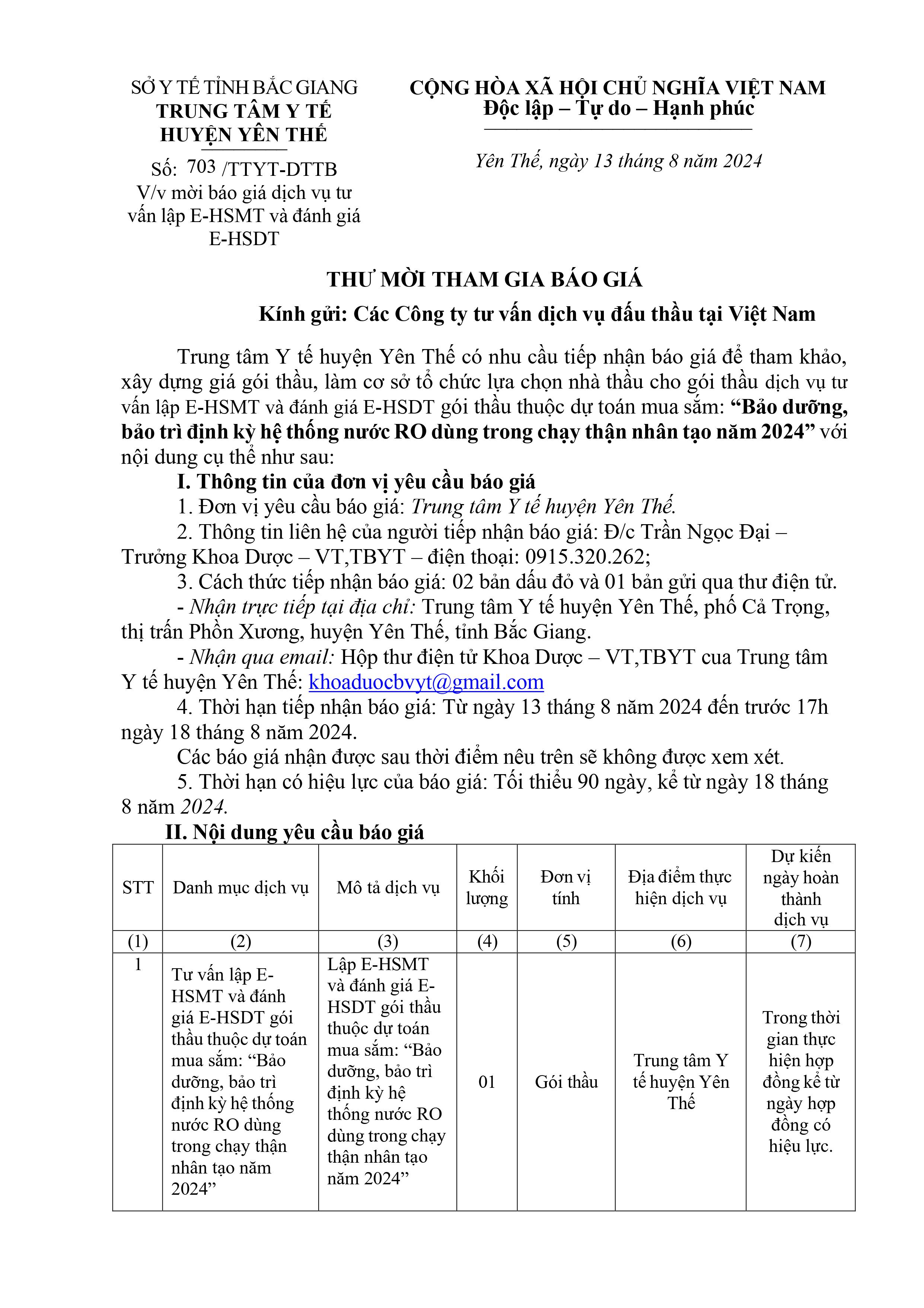 Thư mời báo gái dịch vụ tư vấn lập E-HSMT và đánh giá E-HSDT