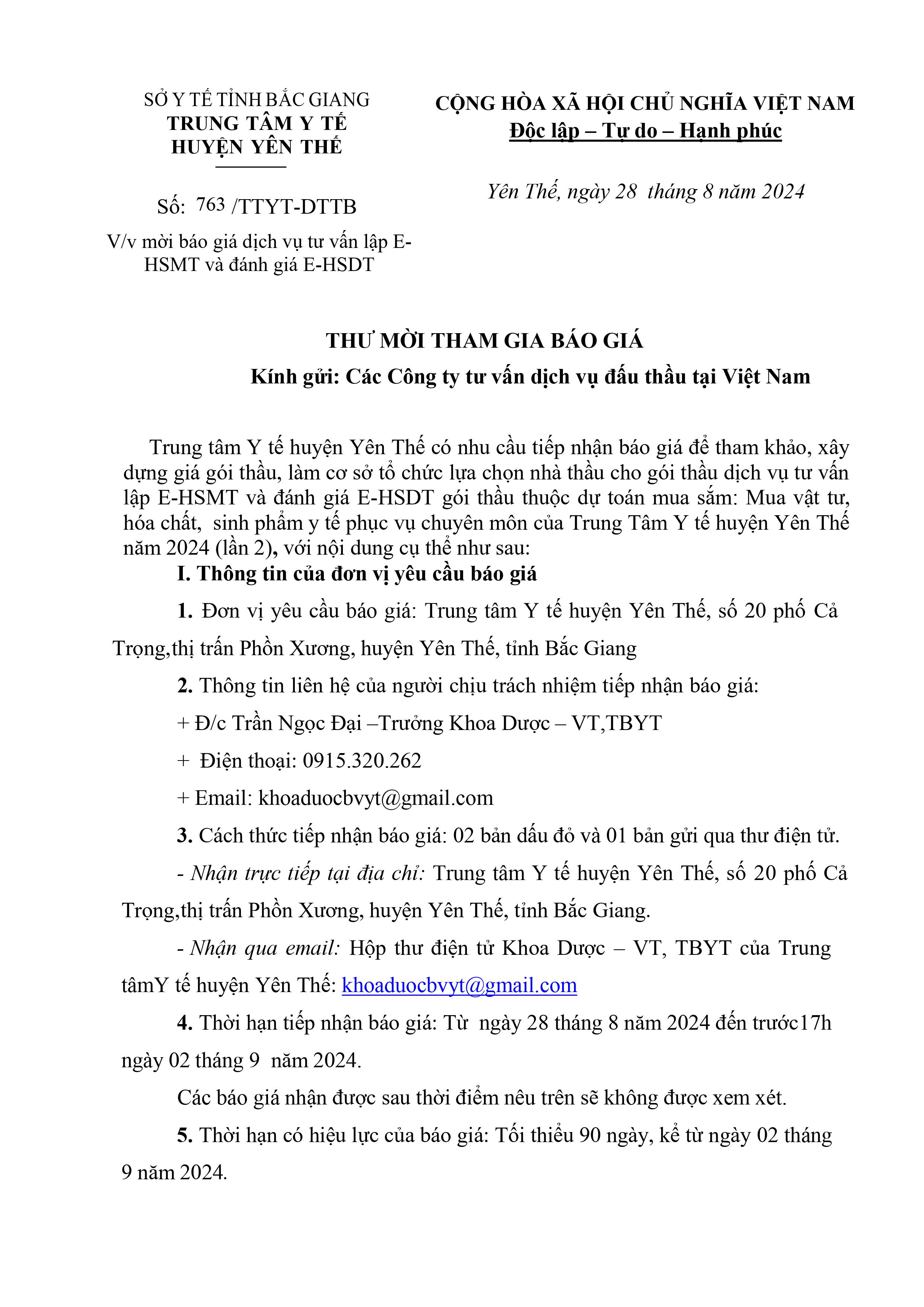 Mời báo giá dịch vụ tư vấn lập E-HSMT và đánh giá E-HSDT