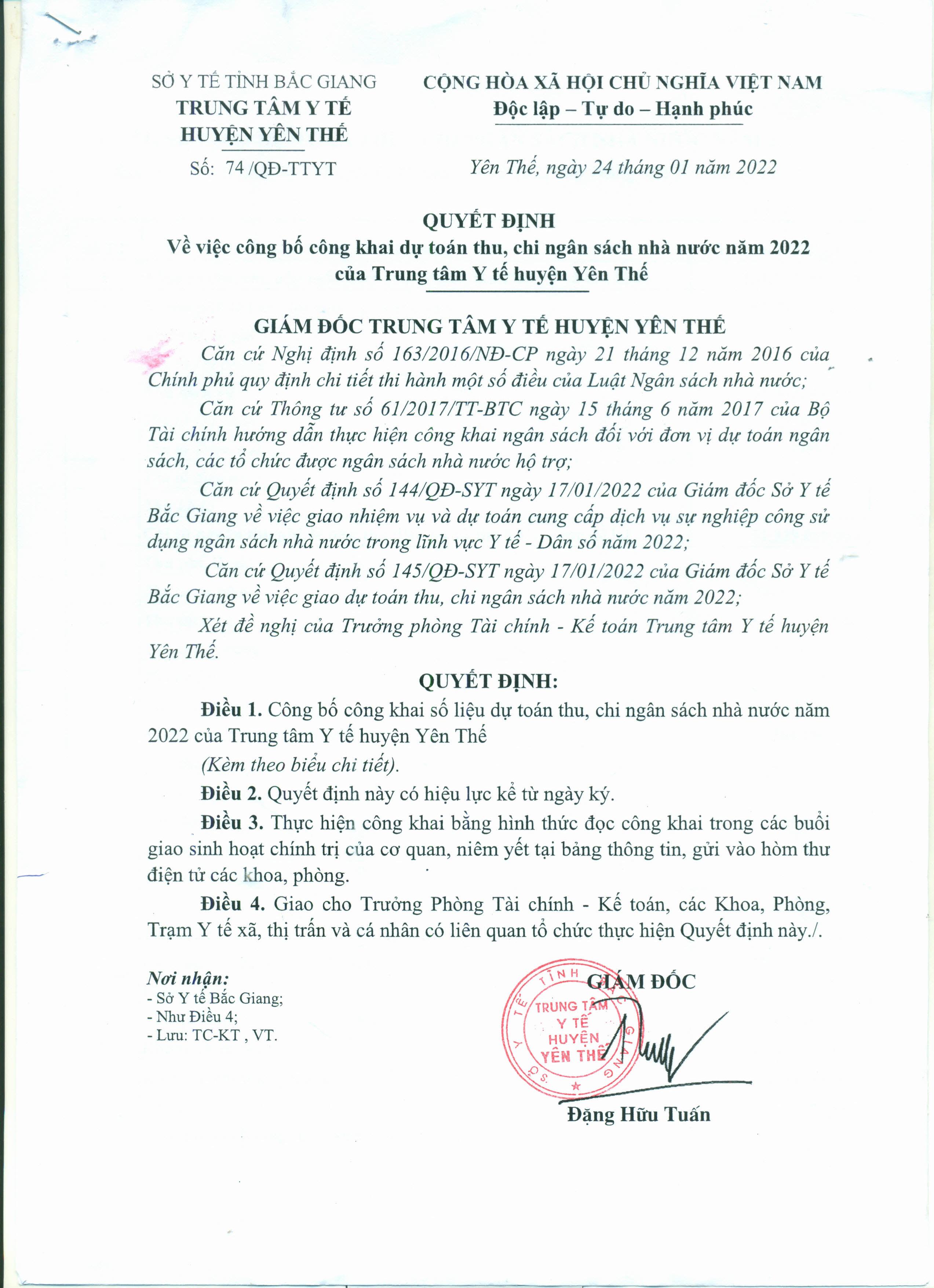 Quyết định số 74 về việc công khai dự toán thu, chi ngân sách nhà nước năm 2022 của Trung tâm Y...