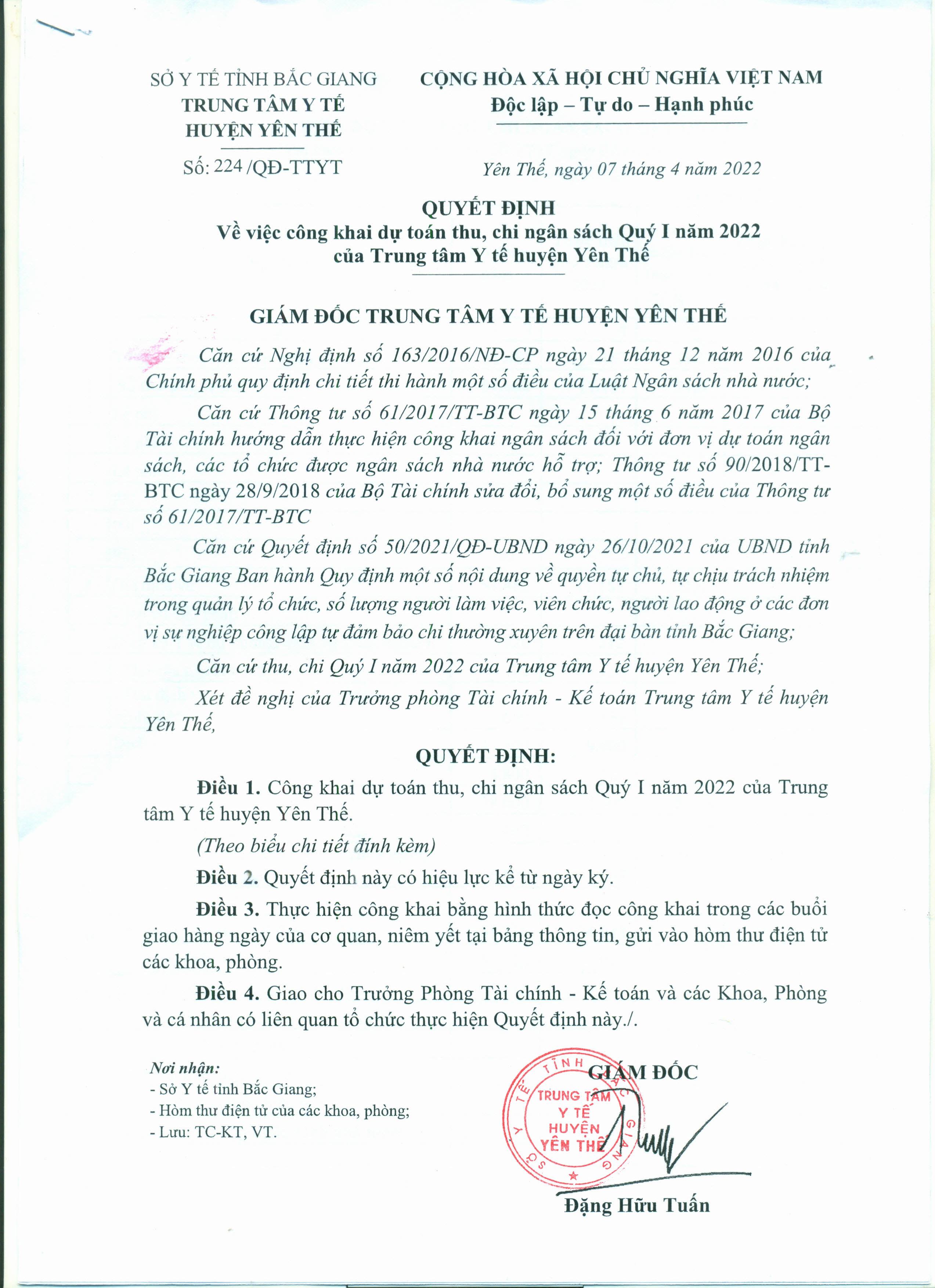 Quyết định số 224 về việc công khai dự toán thu, chi ngân sách quý I năm 2022 của TTYT huyện Yên Thế