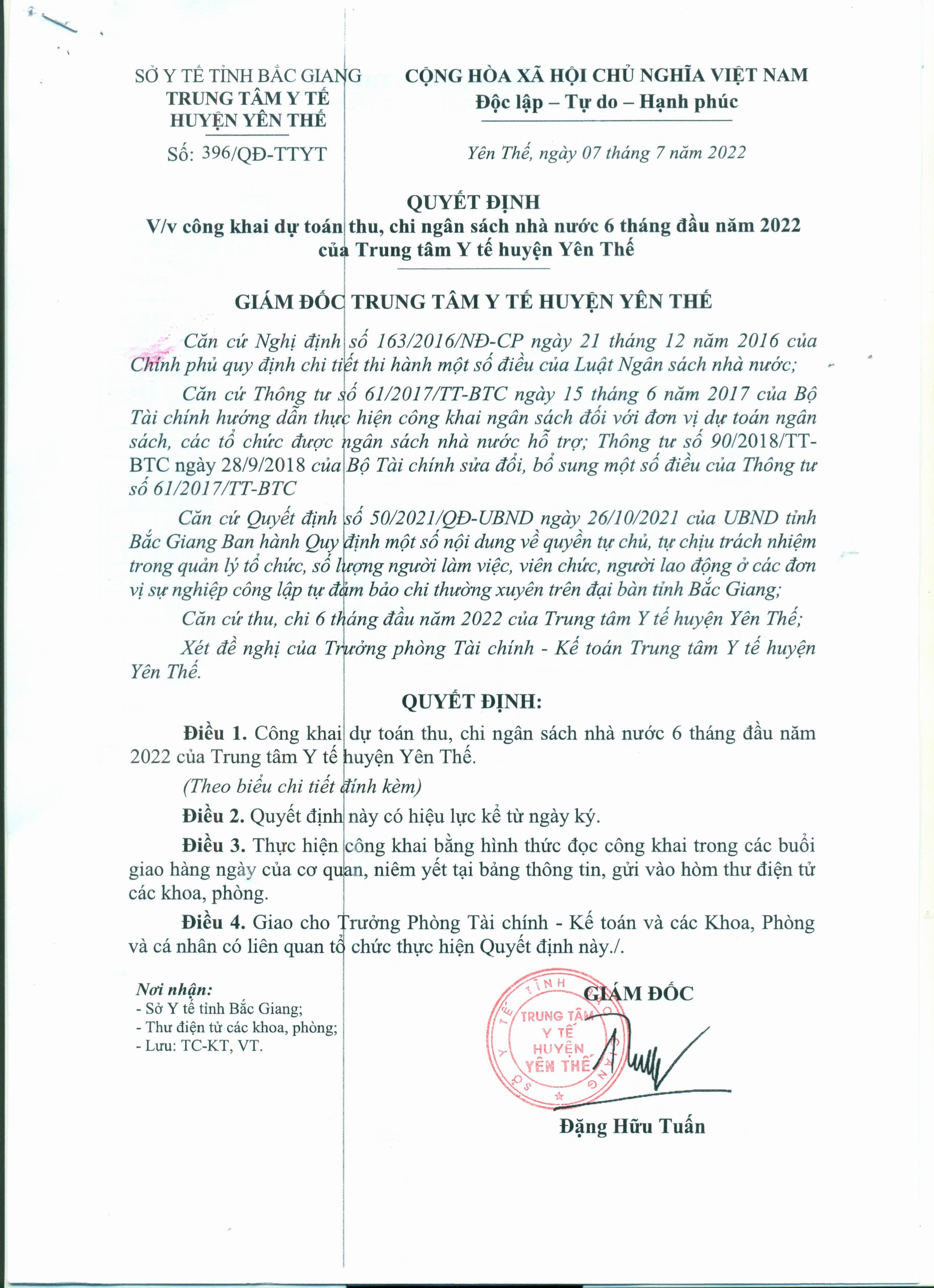 Quyết định số 396 Về vệc công khai dự toán thu, chi ngân sách nhà nước 6 tháng đầu năm 2022