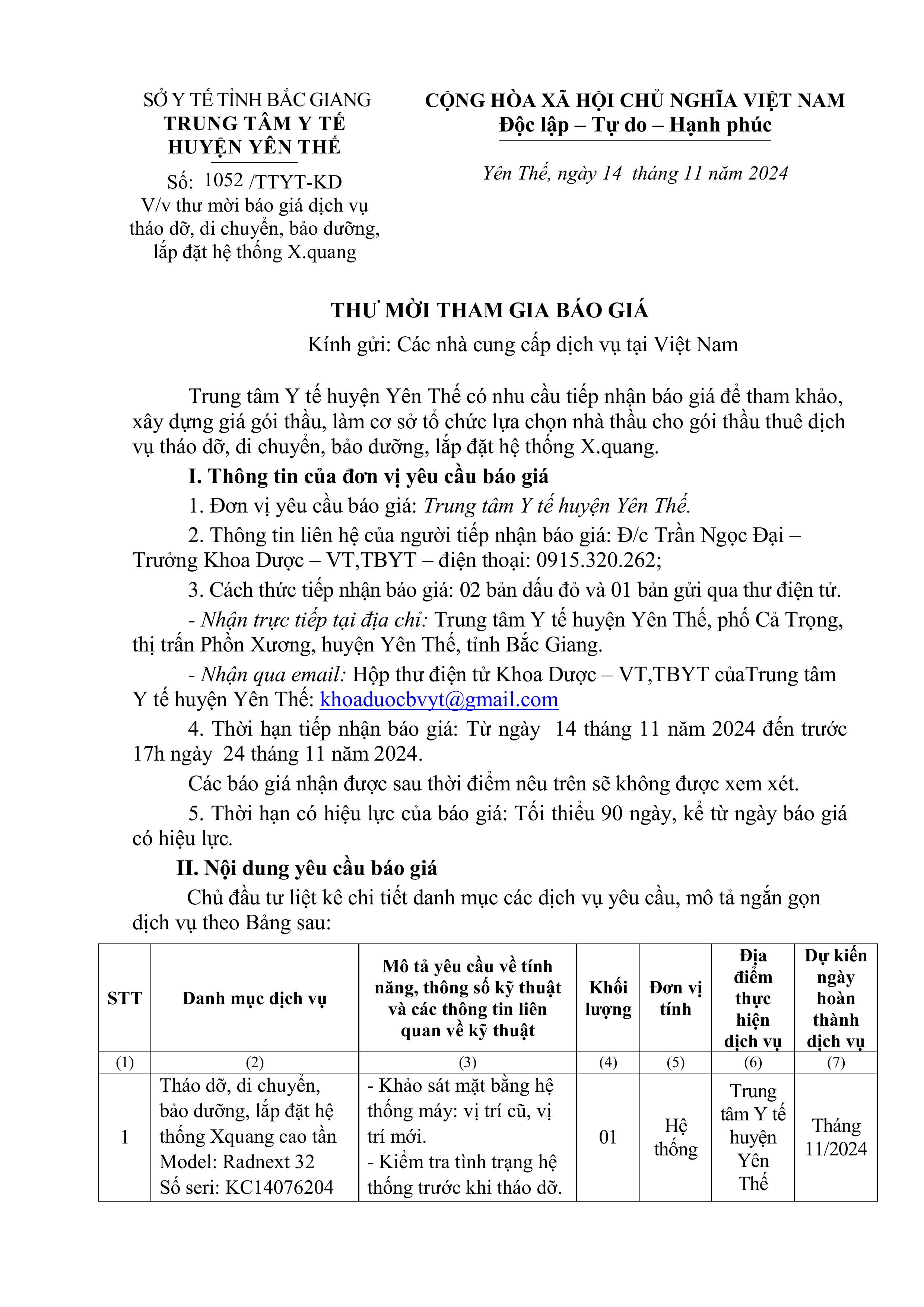 Thư mời báo giá dịch vụ tháo dỡ, di chuyển, bảo dưỡng, lắp đặt hệ thống X-quang