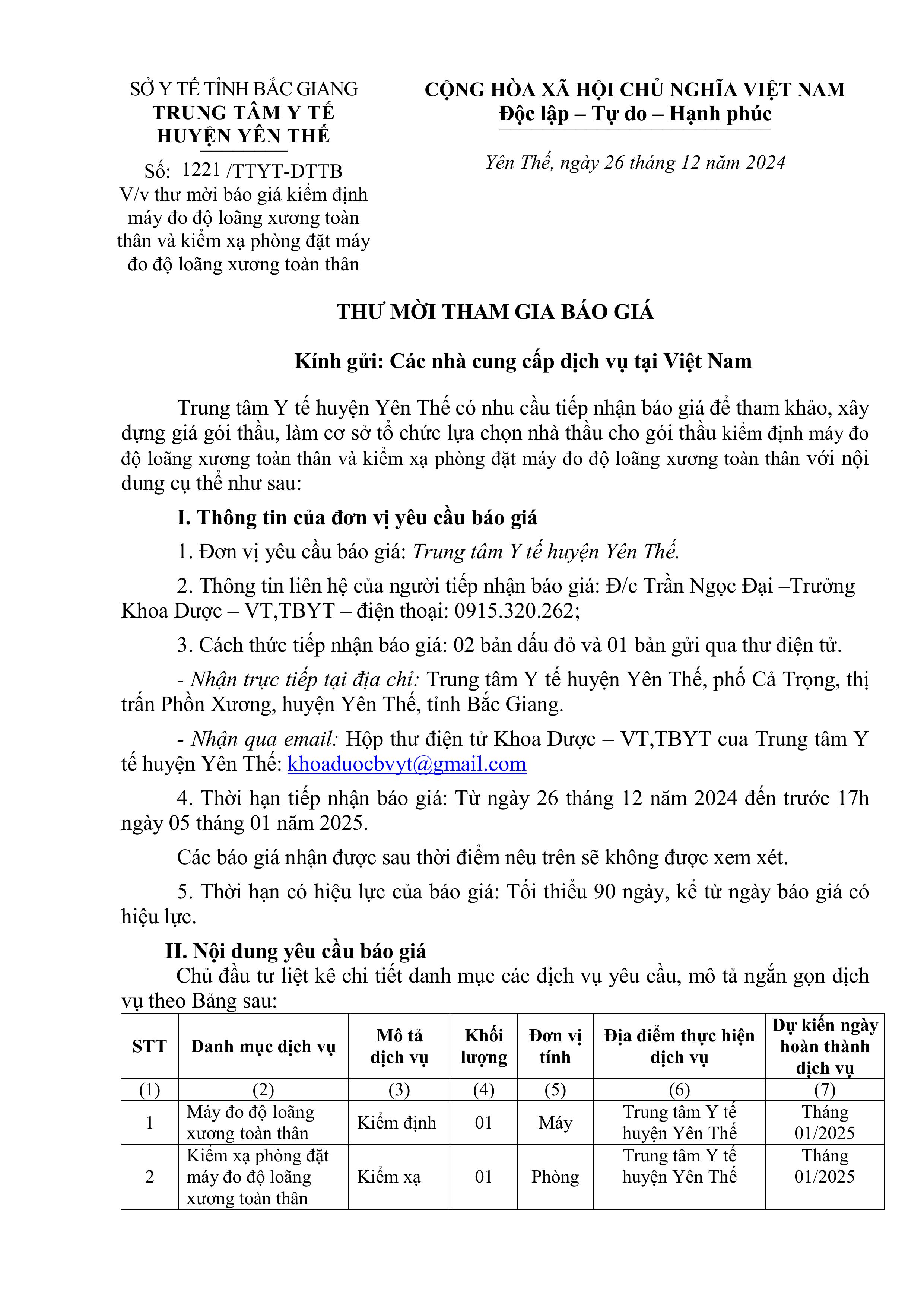 Thư mời báo giá kiểm định máy đo độ loãng xương toàn thân và kiểm xạ phòng đặt máy đo độ loãng xương toàn thân