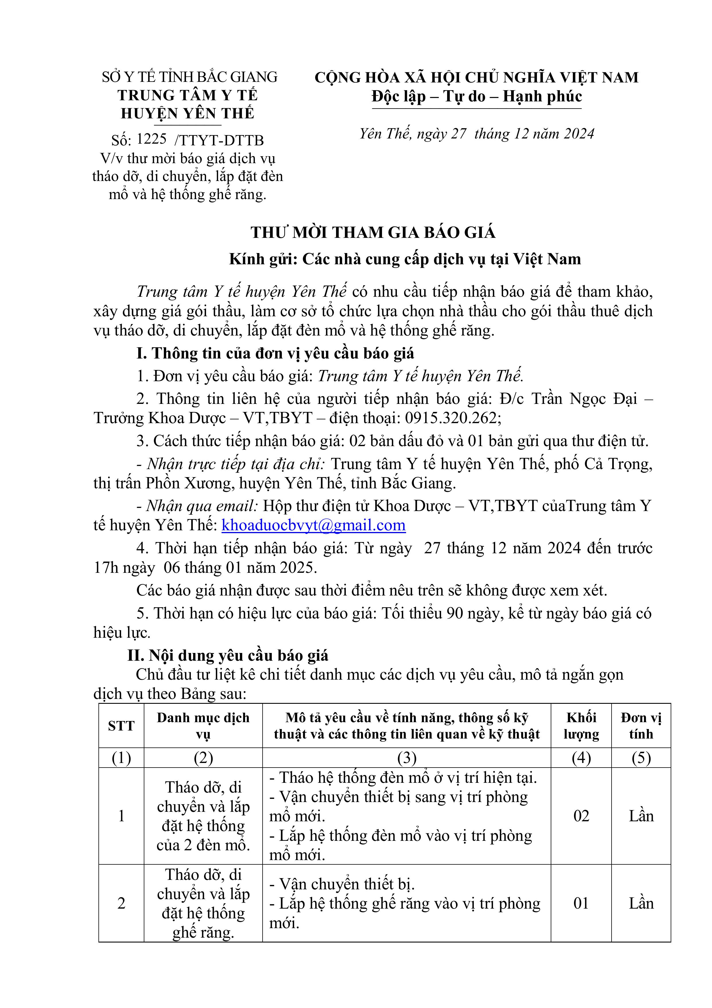 Thư mời báo giá dịch vụ tháo dỡ, di chuyển, lắp đặt đèn mổ và hệ thống ghế răng