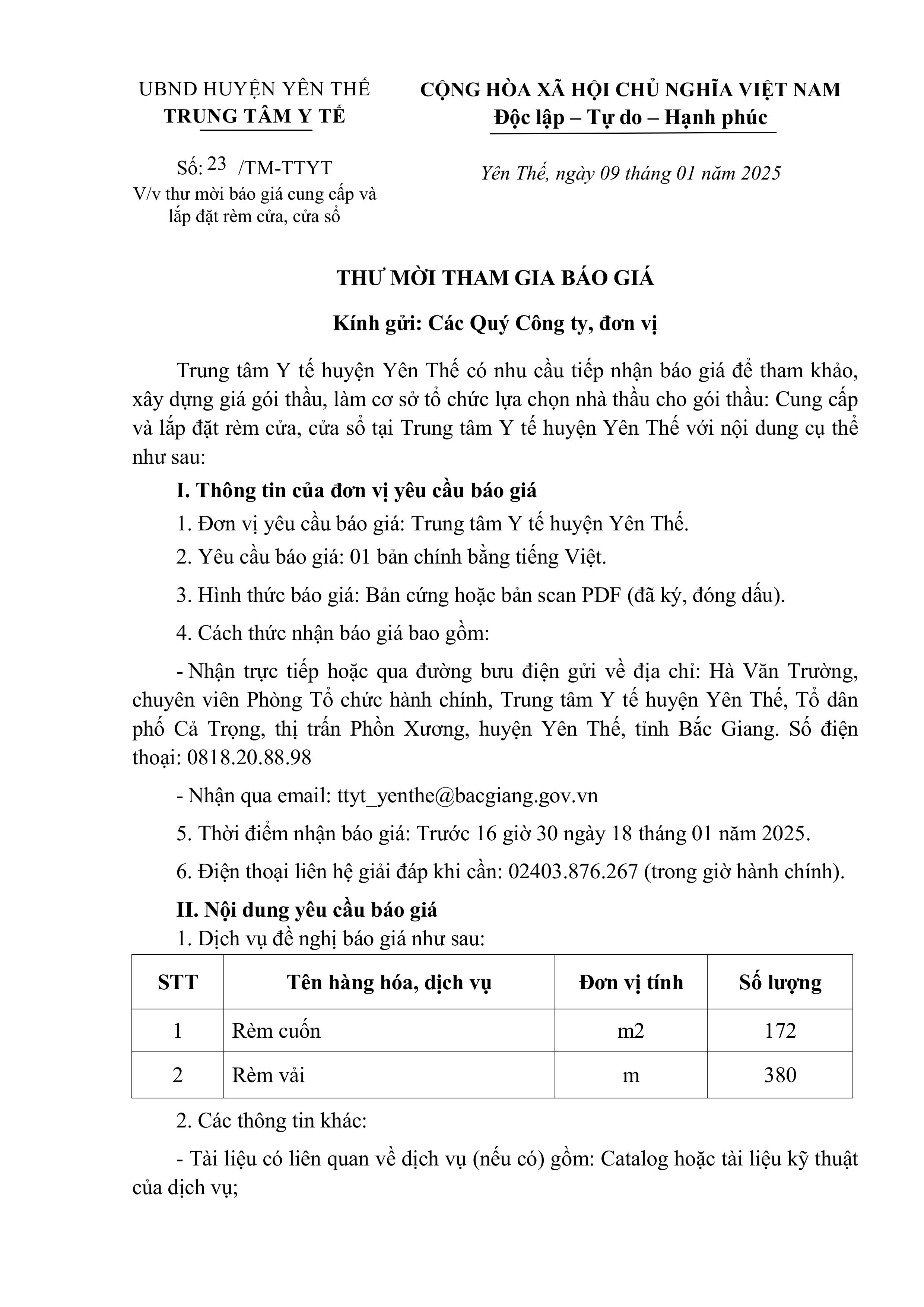 Thư mời báo giá cung cấp và lắp đặt rèm cửa, cửa sổ