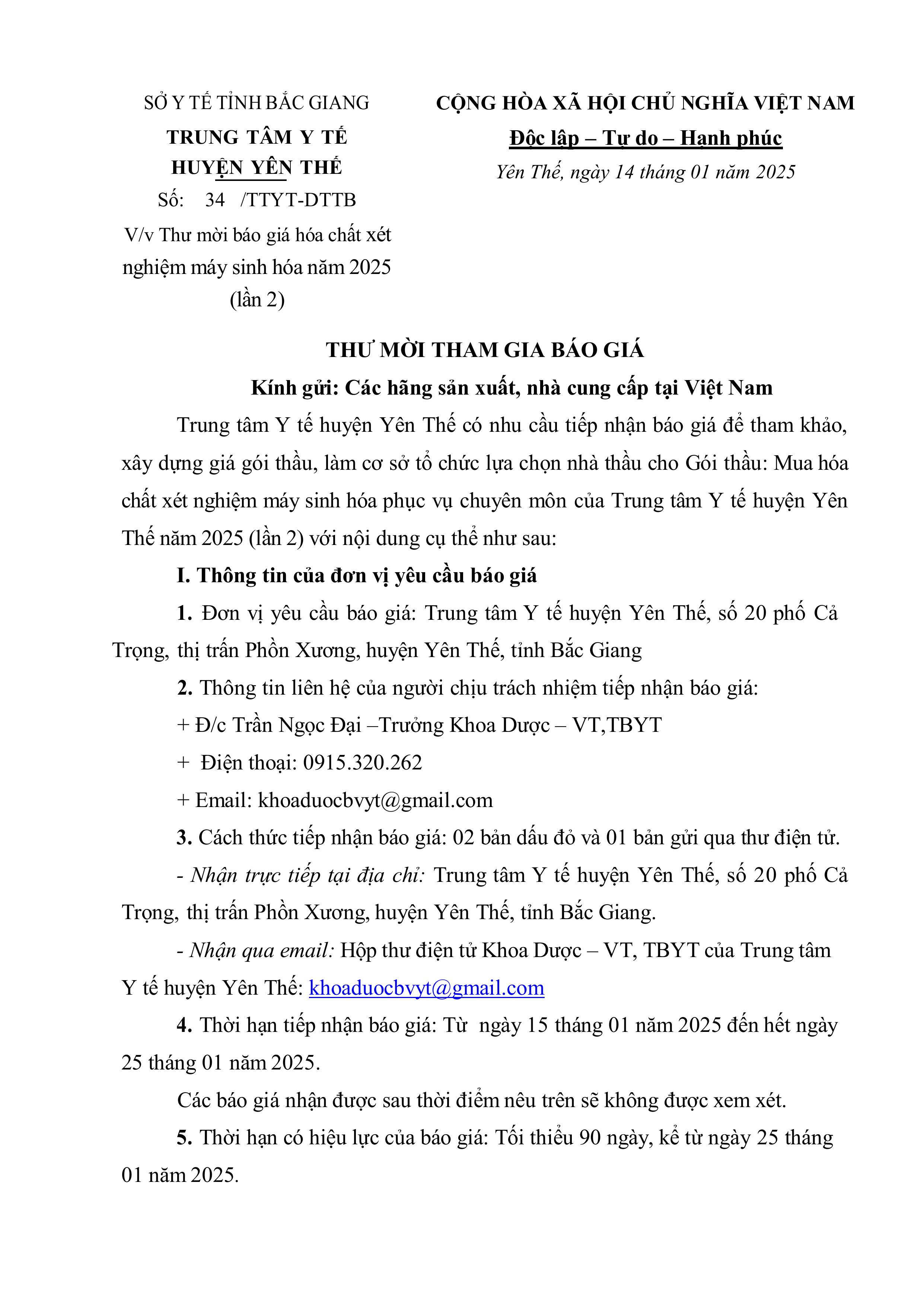 Thư mời báo giá hóa chất xét nghiệm máy sinh hóa năm 2025 (lần 2)|https://trungtamytehuyenyenthe.vn/chi-tiet-tin-tuc/-/asset_publisher/eRpXUeVW3L09/content/thu-moi-bao-gia-hoa-chat-xet-nghiem-may-sinh-hoa-nam-2025-lan-2-