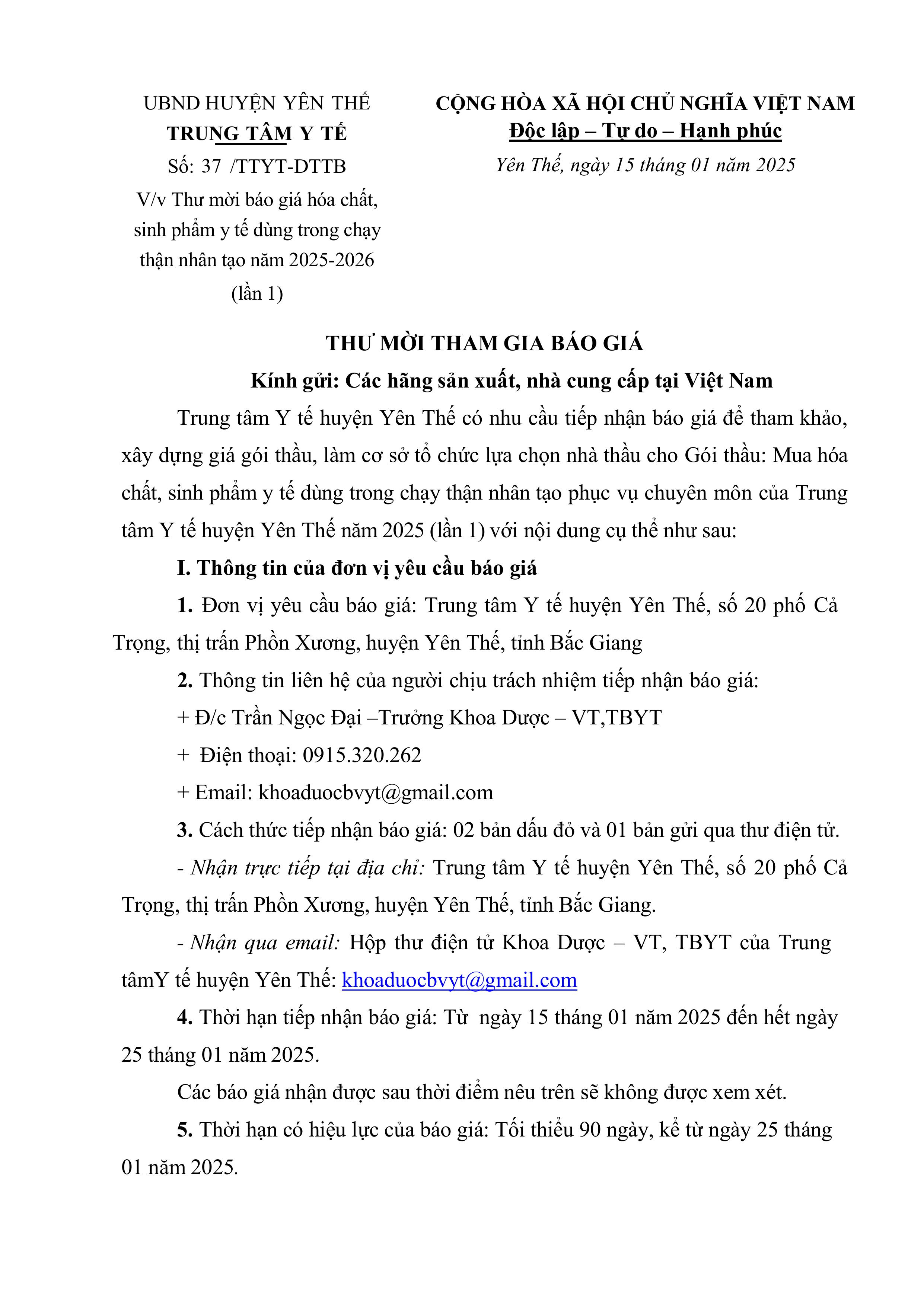 Thư mời báo giá hóa chất, sinh phẩm y tế dùng trong chạy thận nhân tạo 2025-2026