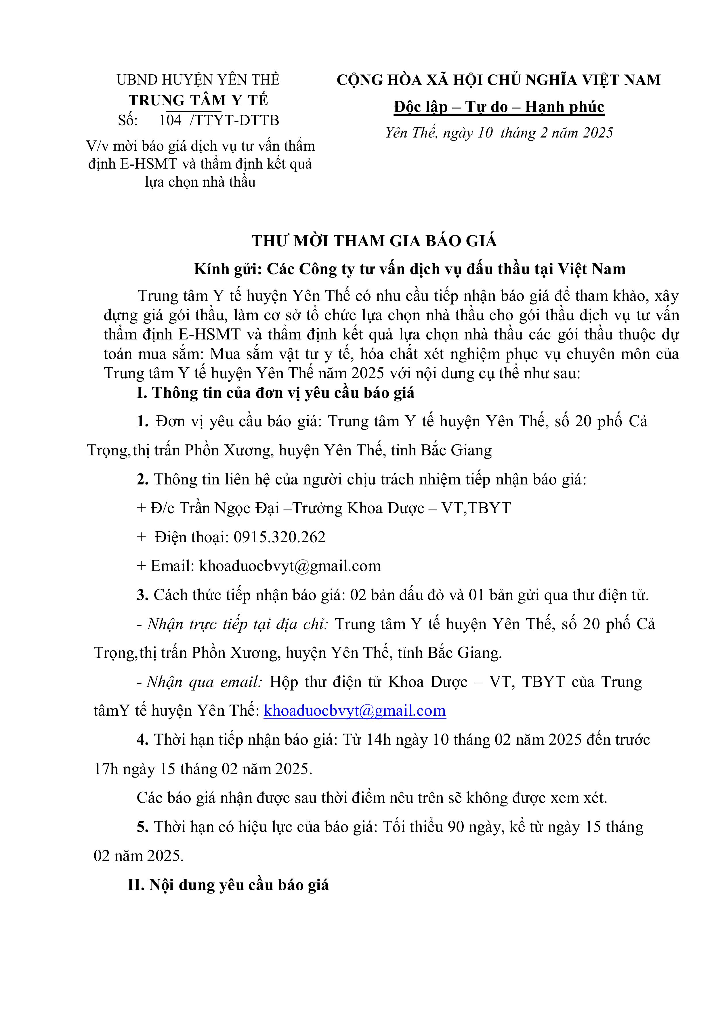 Thư mời báo giá dịch vụ tư vấn thẩm định E-HSMT và thẩm định kết quả lựa chọn nhà thầu