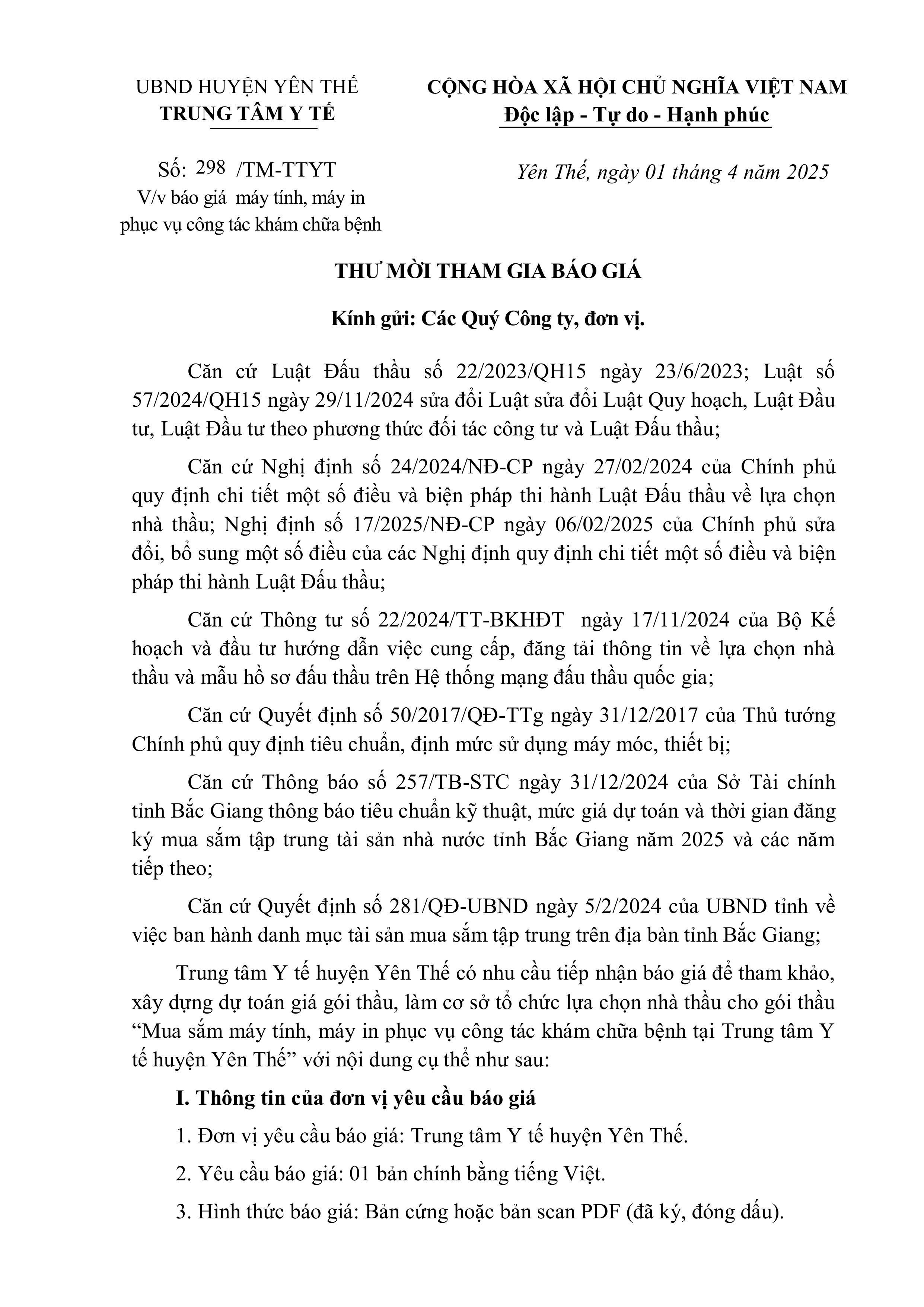 Thư mời báo giá máy tính, máy in phục vụ công tác KCB