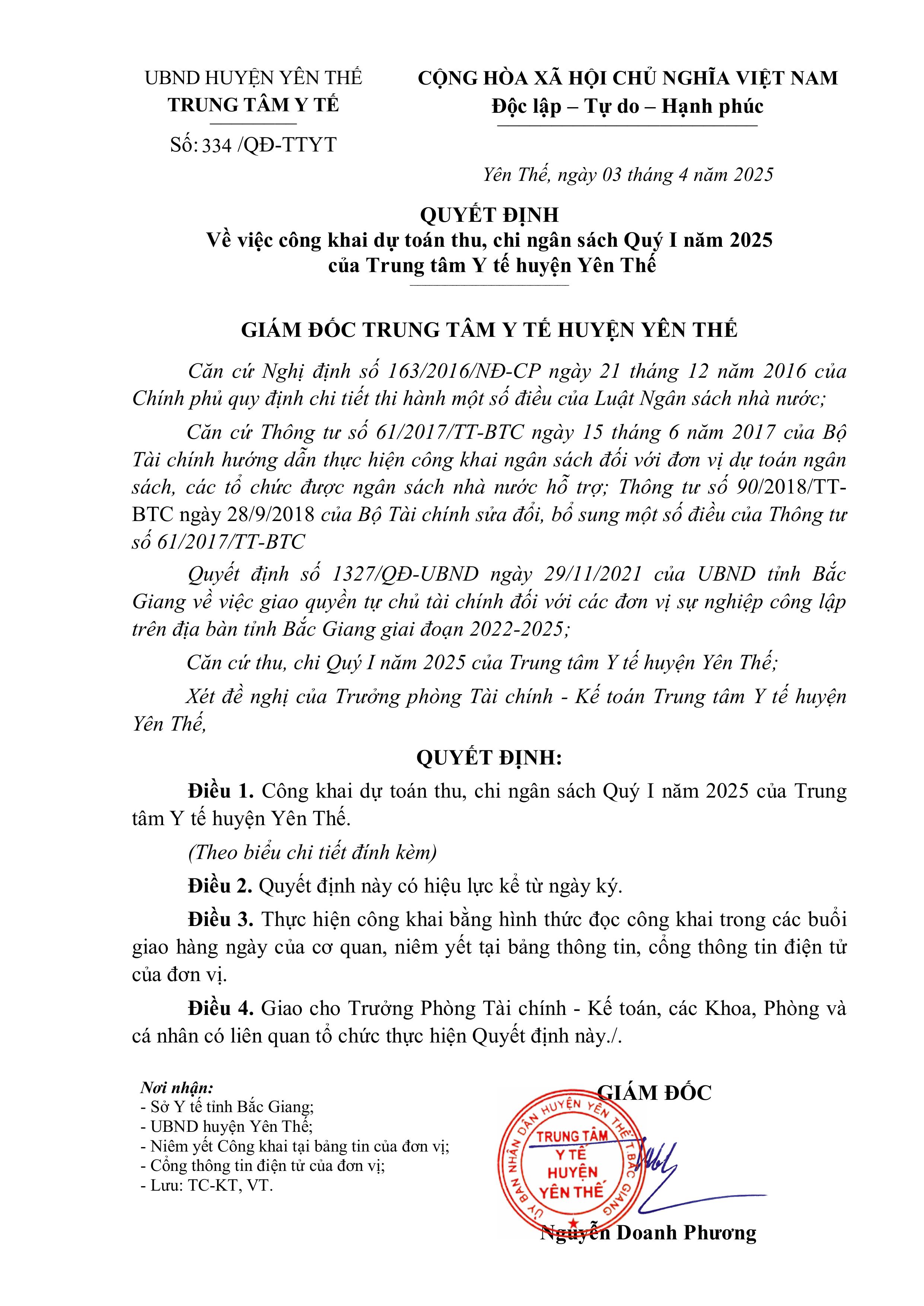 Về việc công khai dự toán thu, chi ngân sách Quý I năm  2025 cảu TTYT huyện Yên Thế