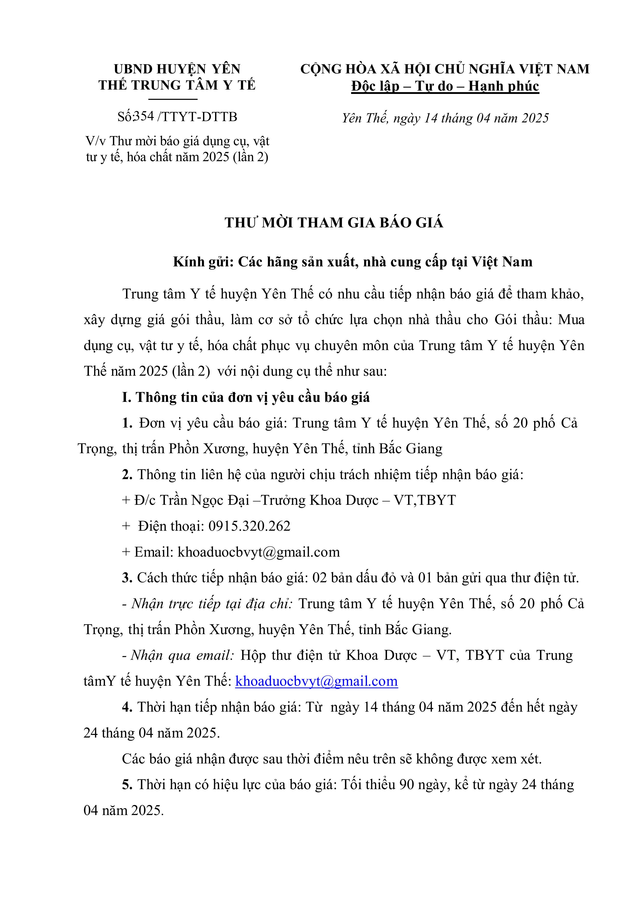 Thư mời báo giá dụng cụ, vật tư y tế, hóa chất năm 2025 (lần 2)