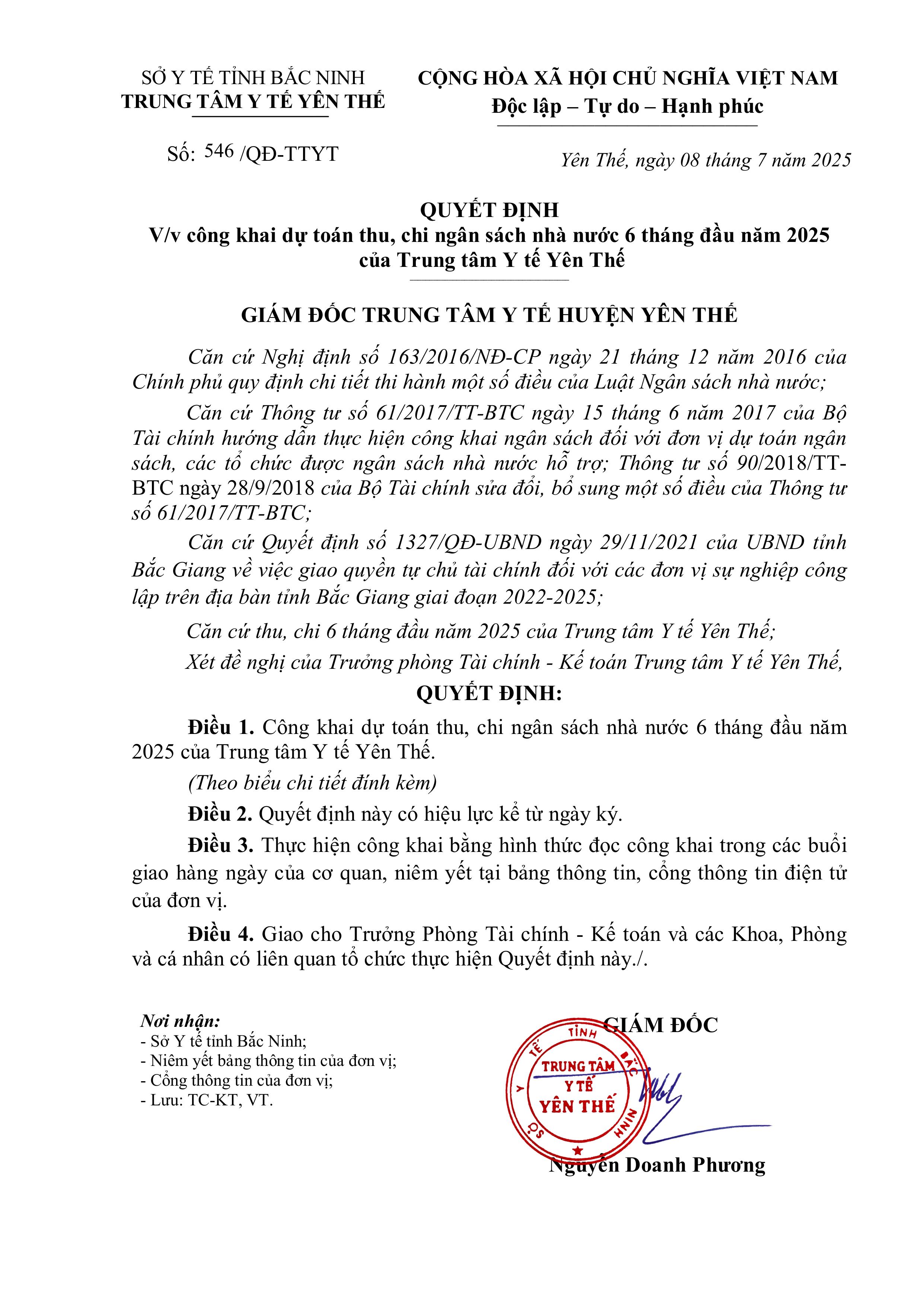 Công khai dự toán thu, chi ngân sách nhà nước 6 tháng đầu năm 2025 của Trung tâm Y tế Yên Thế