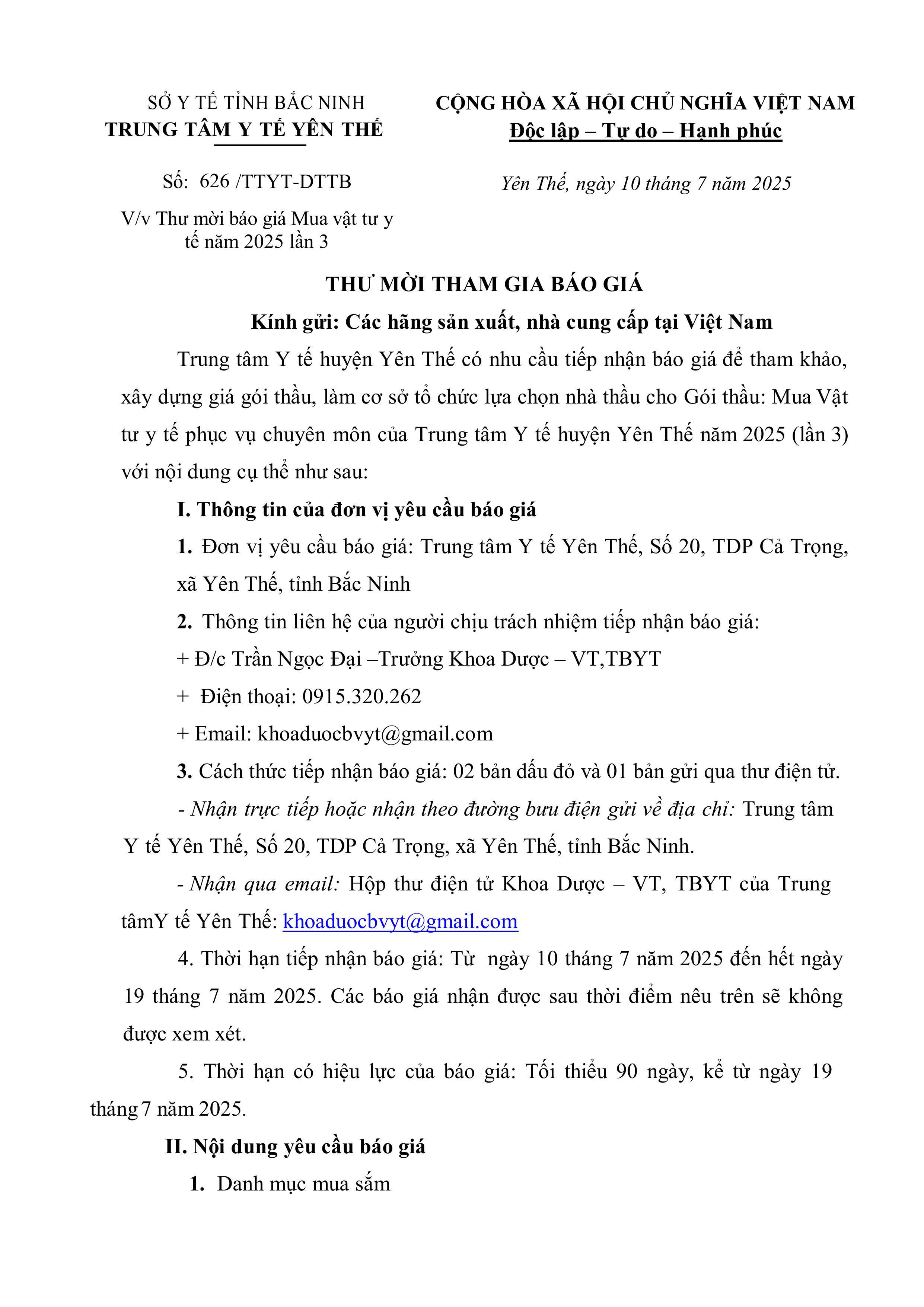 Thư mời báo giá Mua vật tư y tế năm 2025 lần 3
