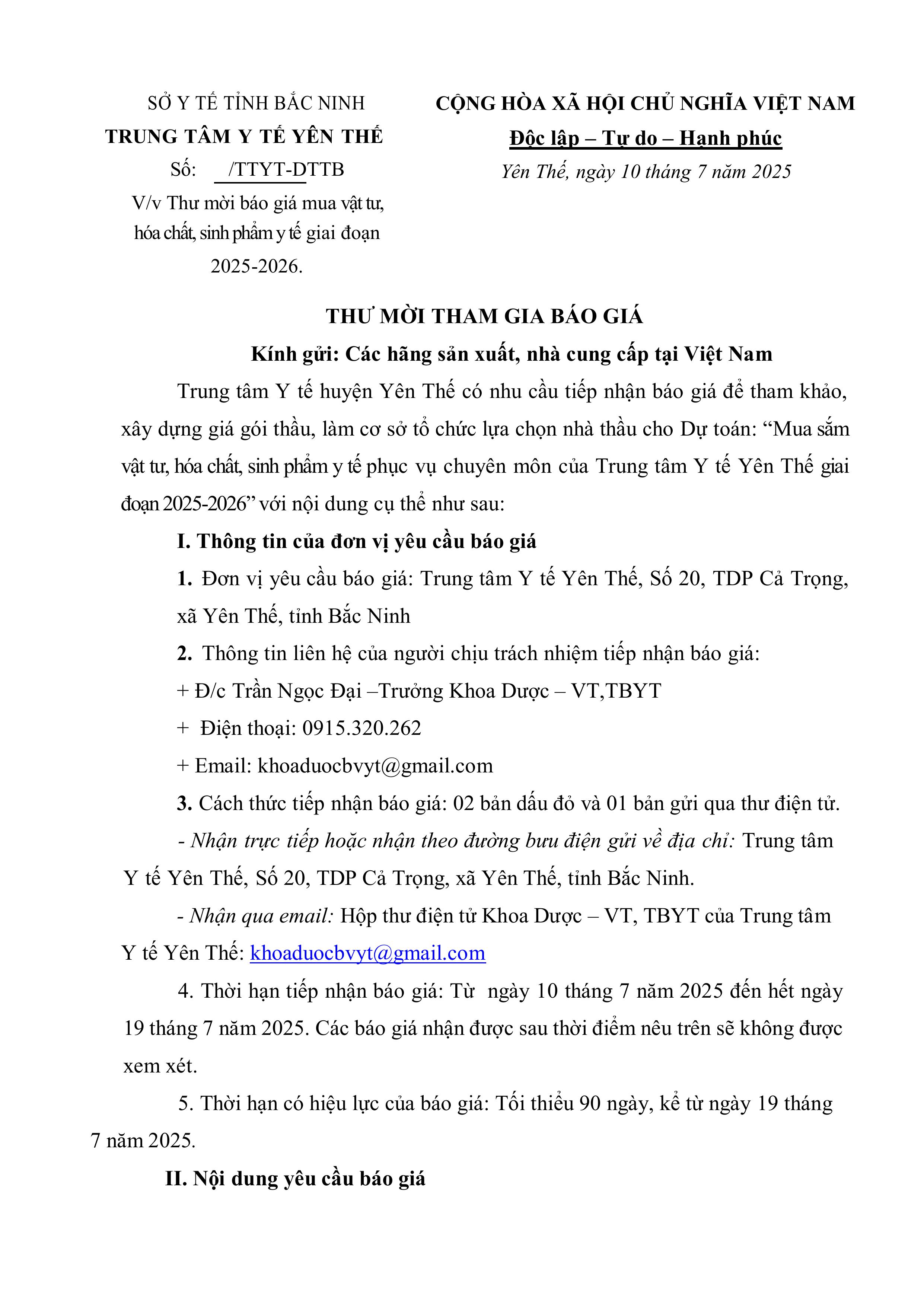 Thư mời báo giá mua vật tư, hóa chất, sinh phẩm y tế giai đoạn 2025-2026.