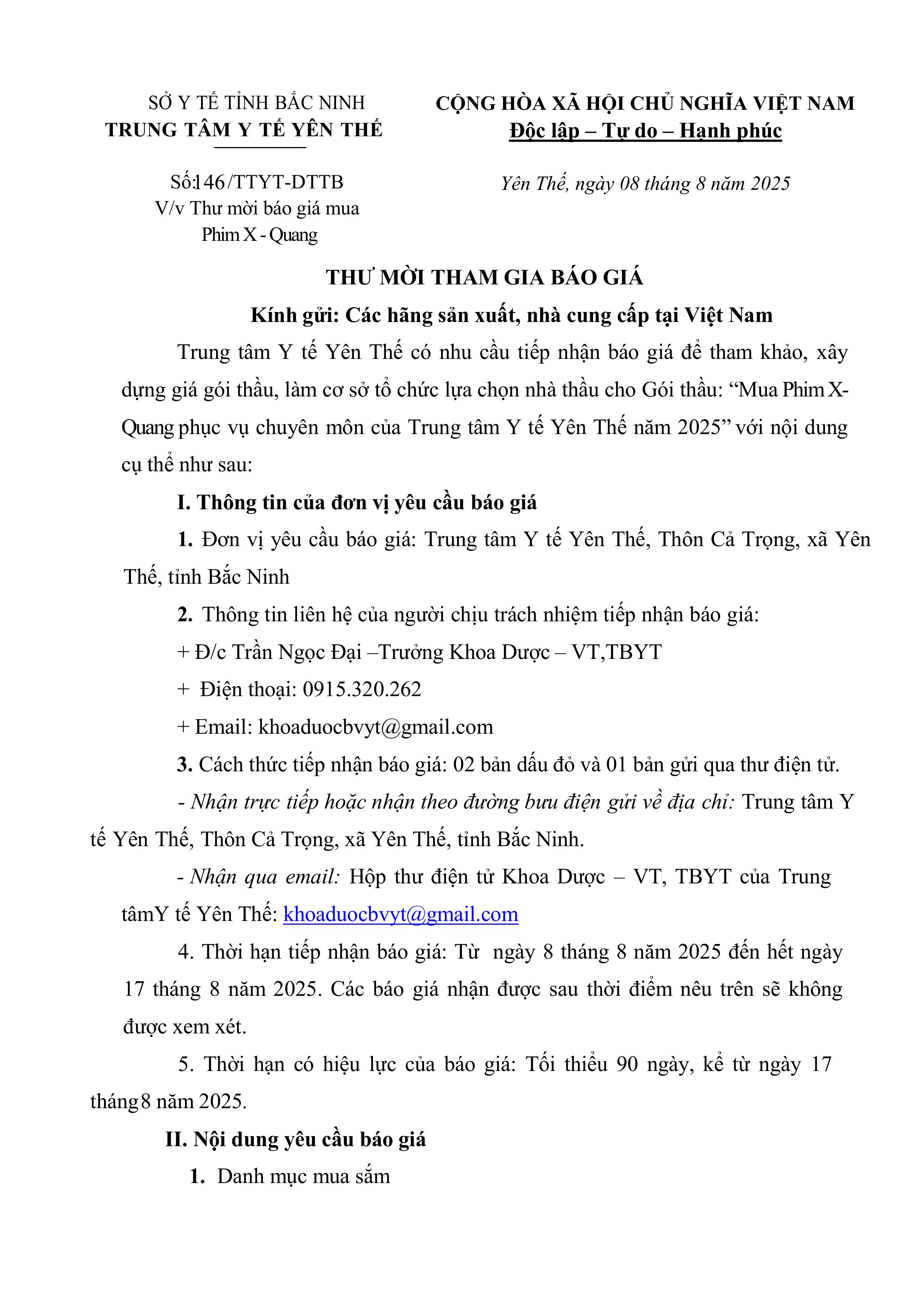 Thư mời báo giá mua Phim X- Quang