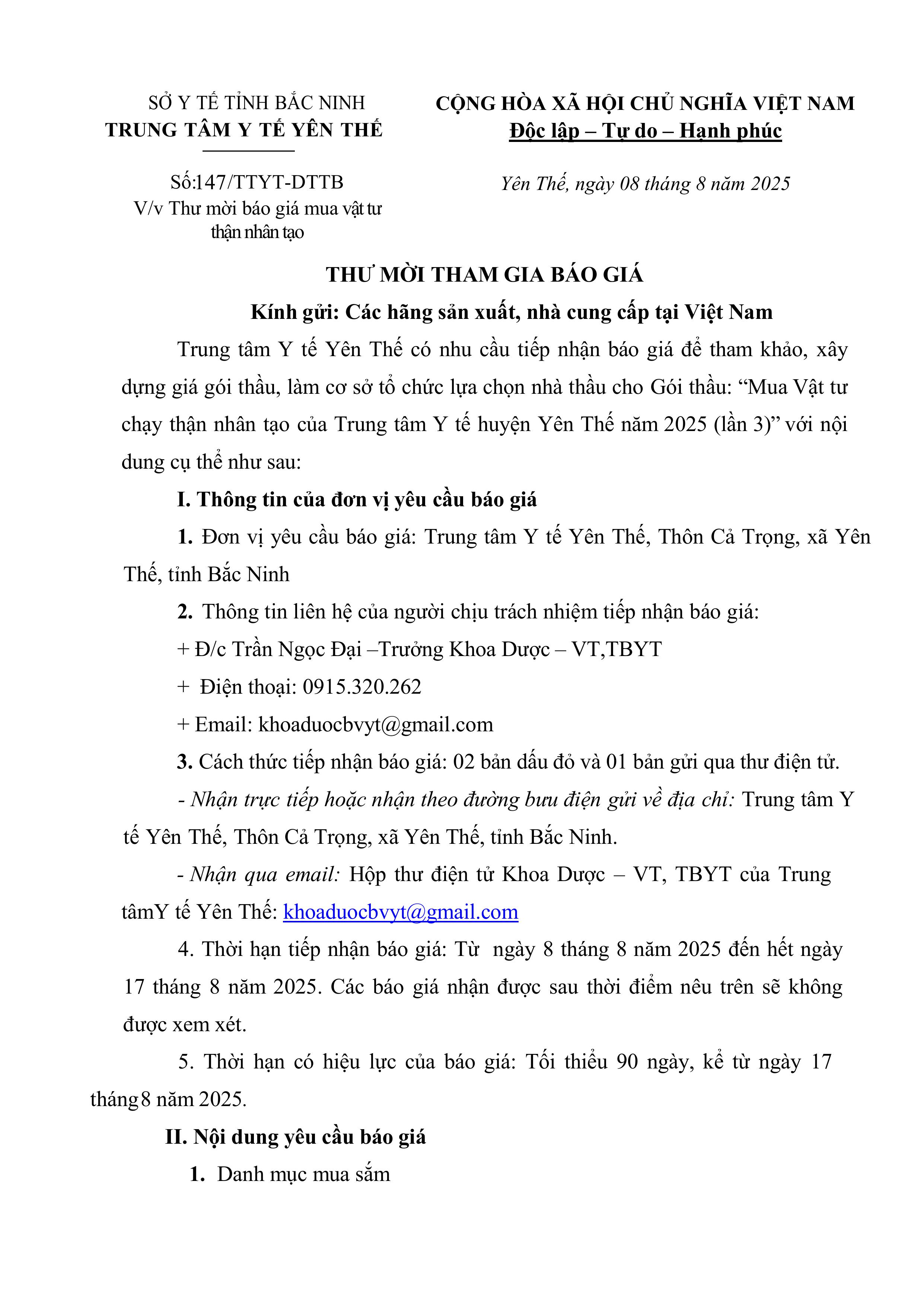 Thư mời báo giá mua vật tư thận nhân tạo
