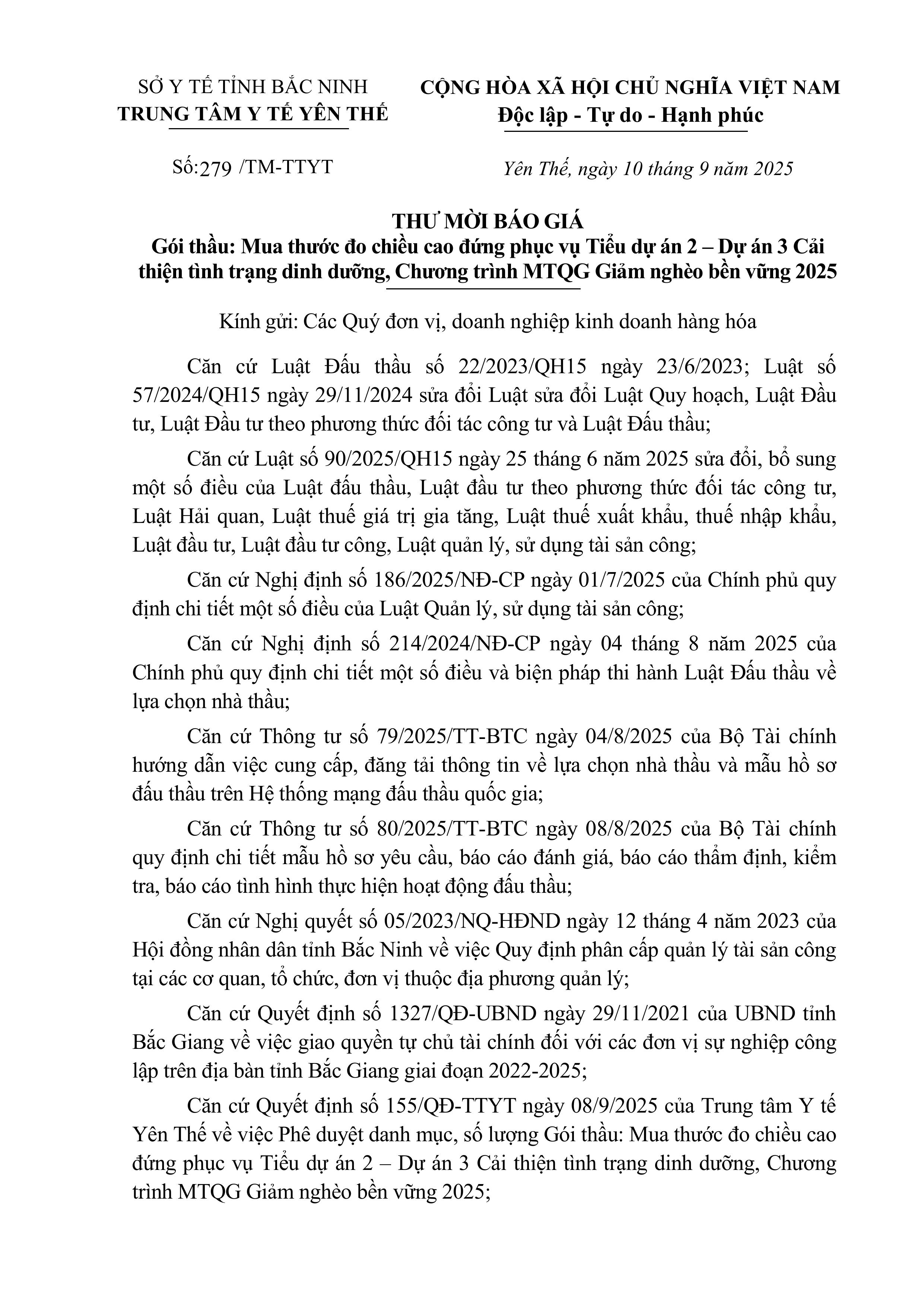 Thư mời báo giá gói thầu: Mua thước đo chiều cao đứng phục vụ tiểu dự án 2 - Dự án 3 Cải thiện...