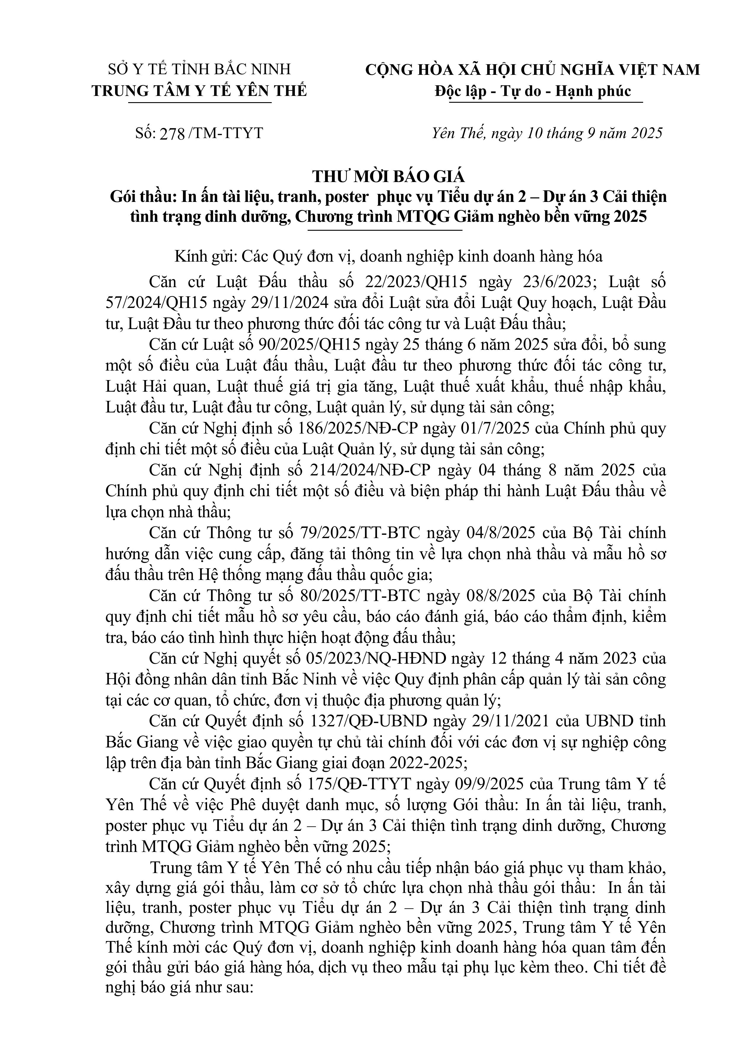 Thư mời báo giá: Gói thầu in ấn tài liệu, tranh, poster, phục vụ tiểu dự án 2
