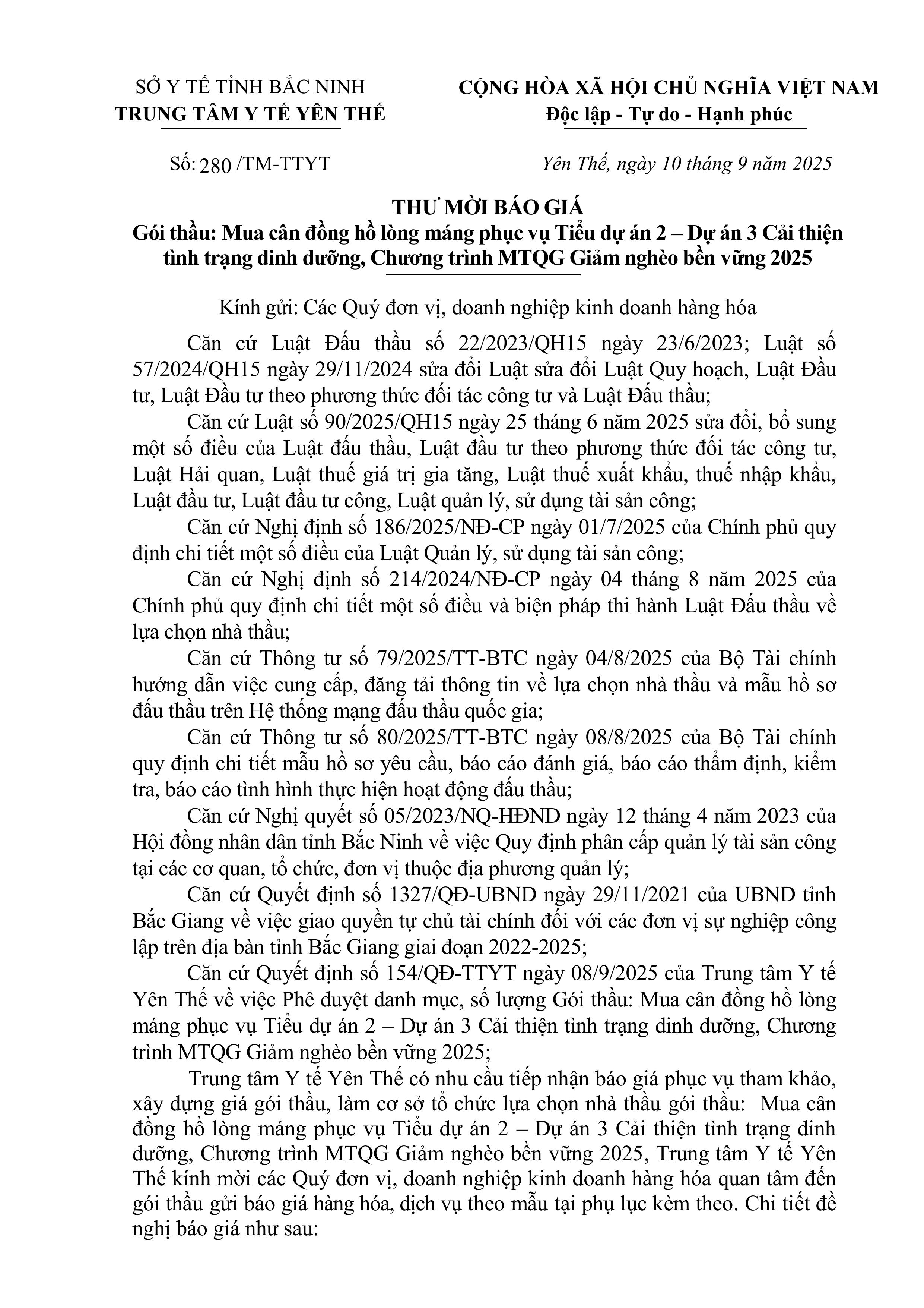 Thư mời báo giá gói thầu: Mua cân đồng hồ lòng máng phục vụ Tiểu dự án 2