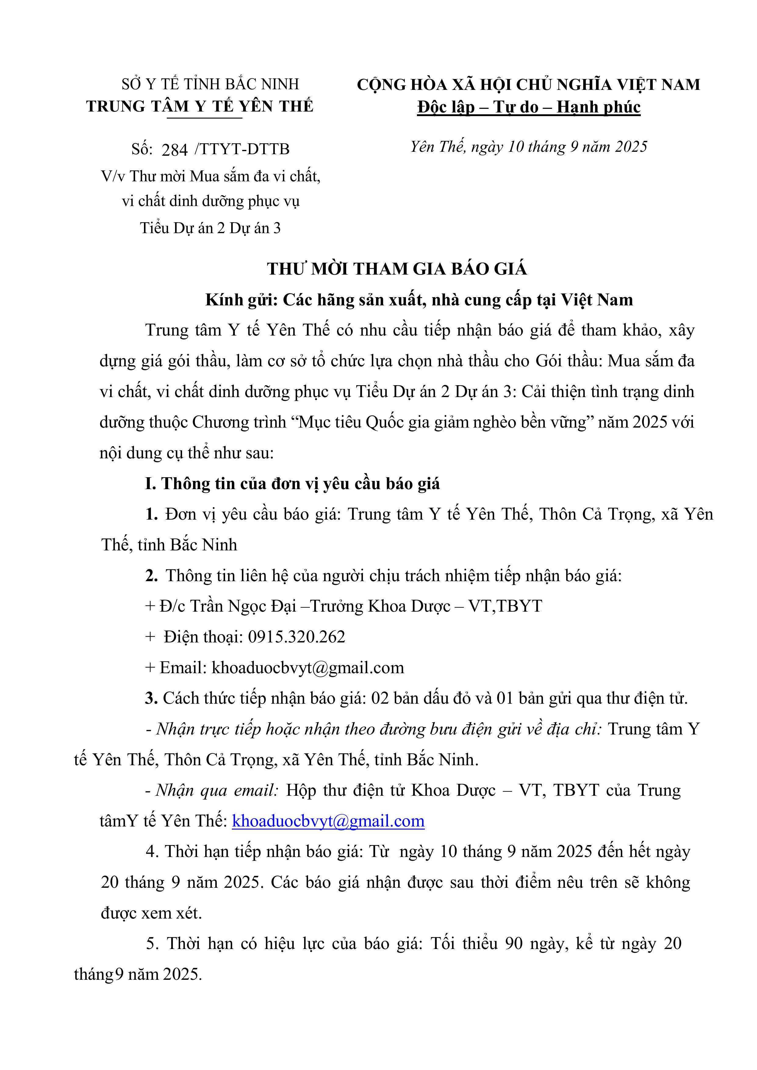 Thư mời mua sắm đa vi chất, vi dinh dưỡng phục vụ Tiểu dự án 2 Dự án 3