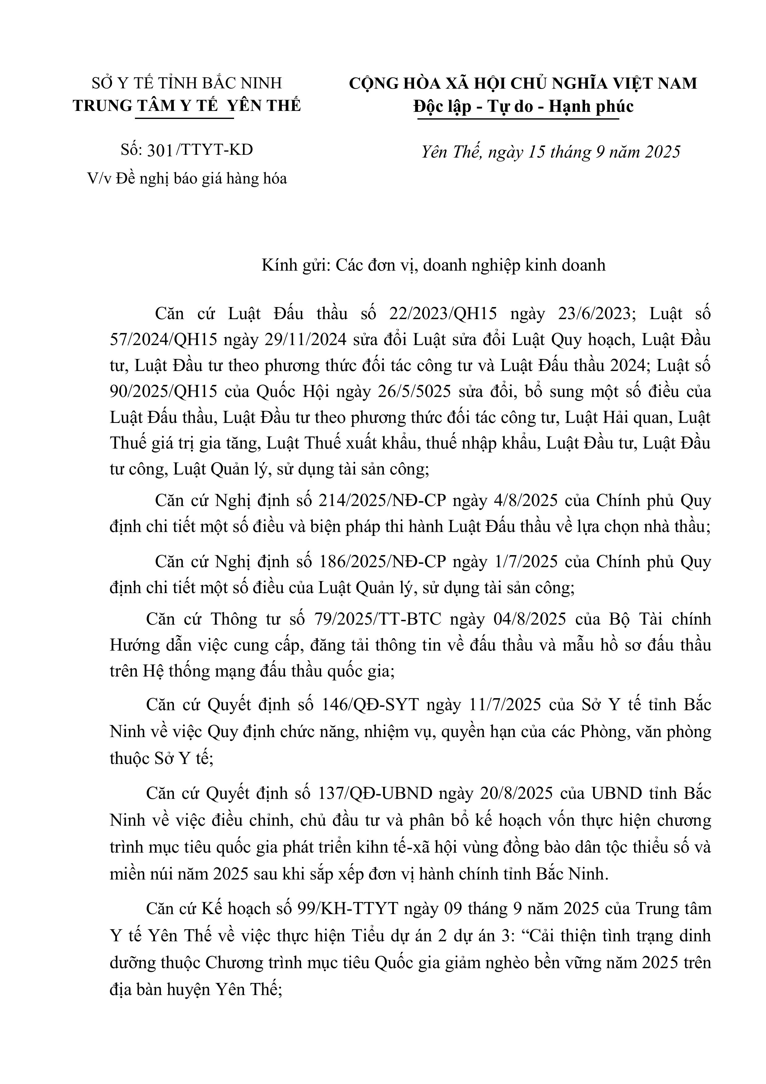 Công văn đề nghị báo giá hàng hóa