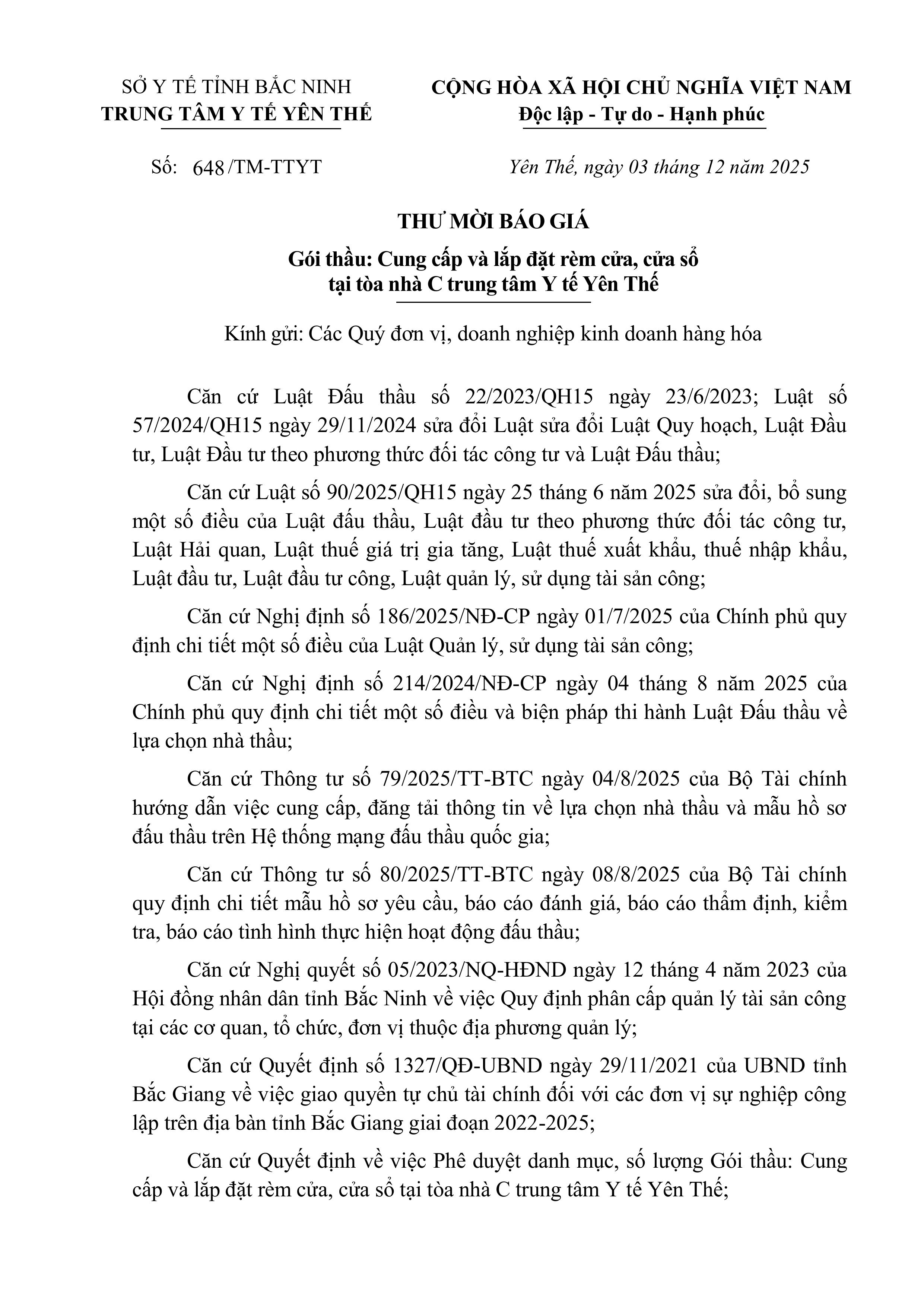 Thư mời báo giá