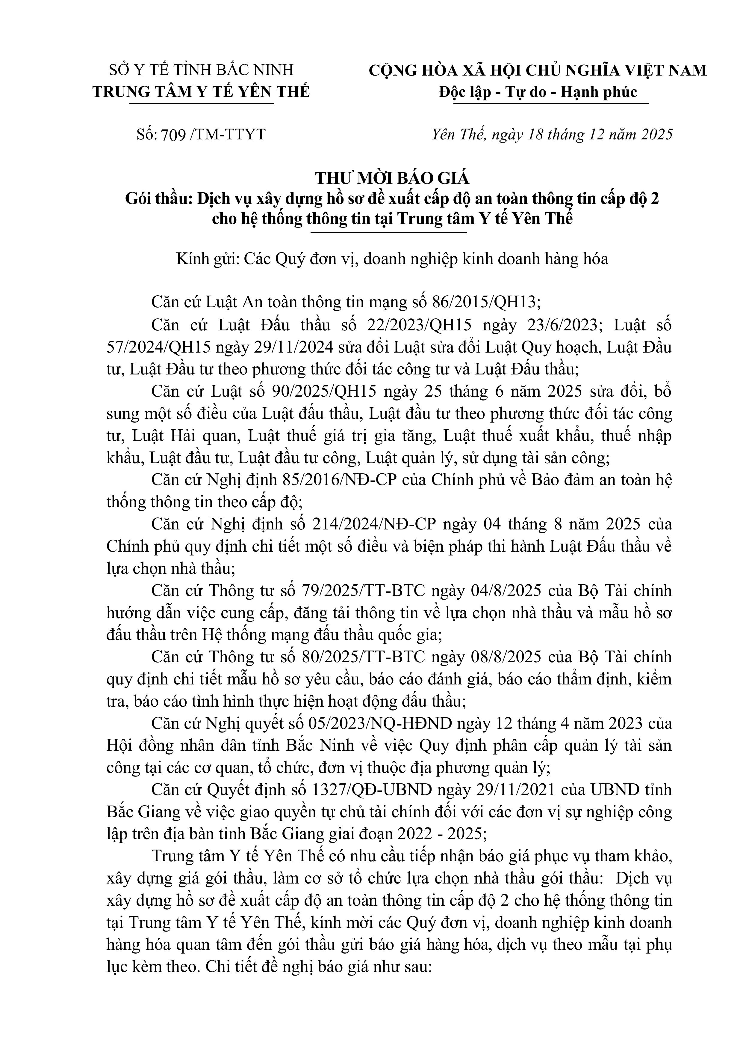 Thư mời báo giá gói thầu: DỊch vụ xây dựng hồ sơ đề xuất cấp độ an toàn thông tin cấp độ 2 cho hệ...