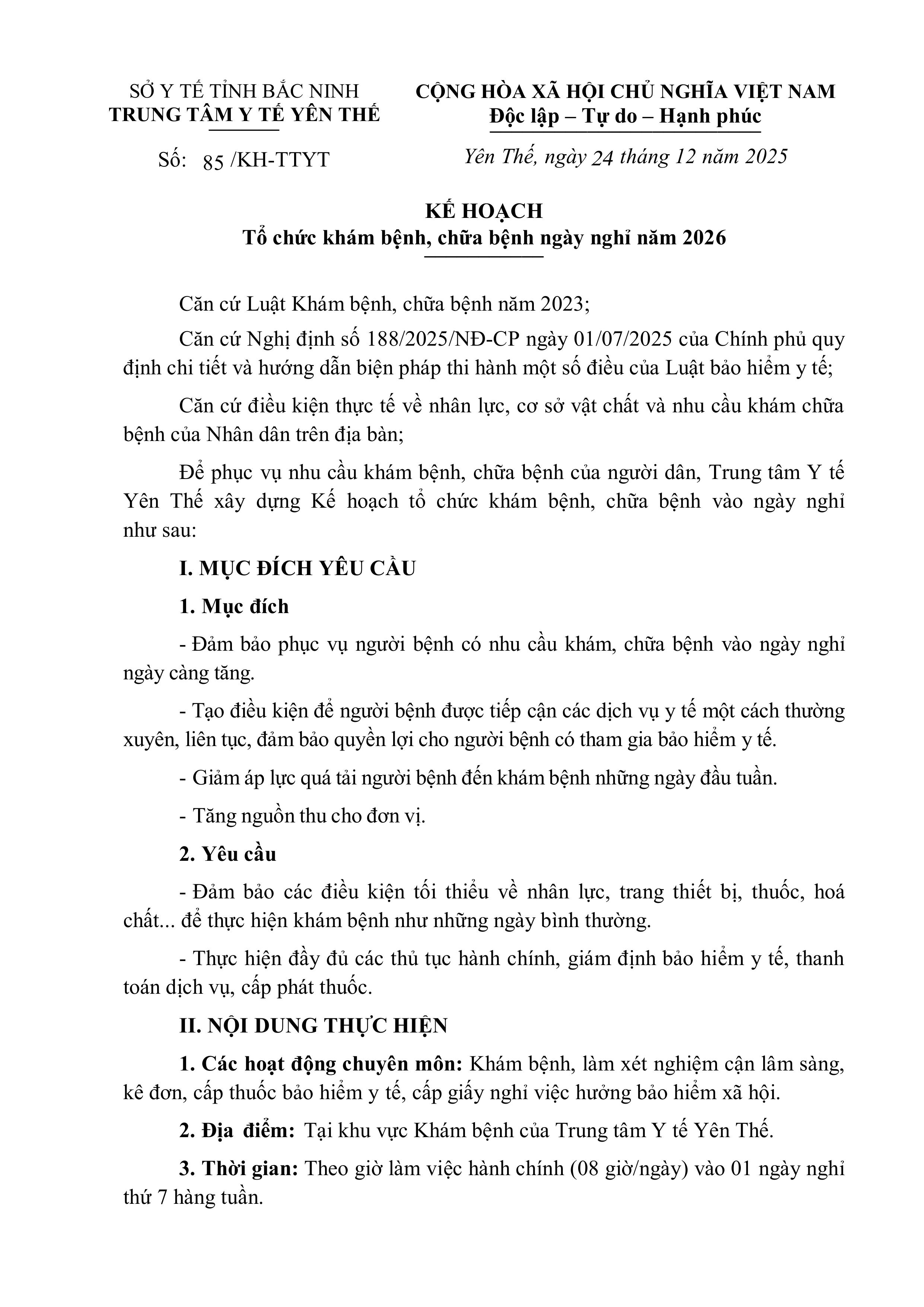 Kế hoạch tổ chức Khám bệnh, chữa bệnh ngày nghỉ 2026