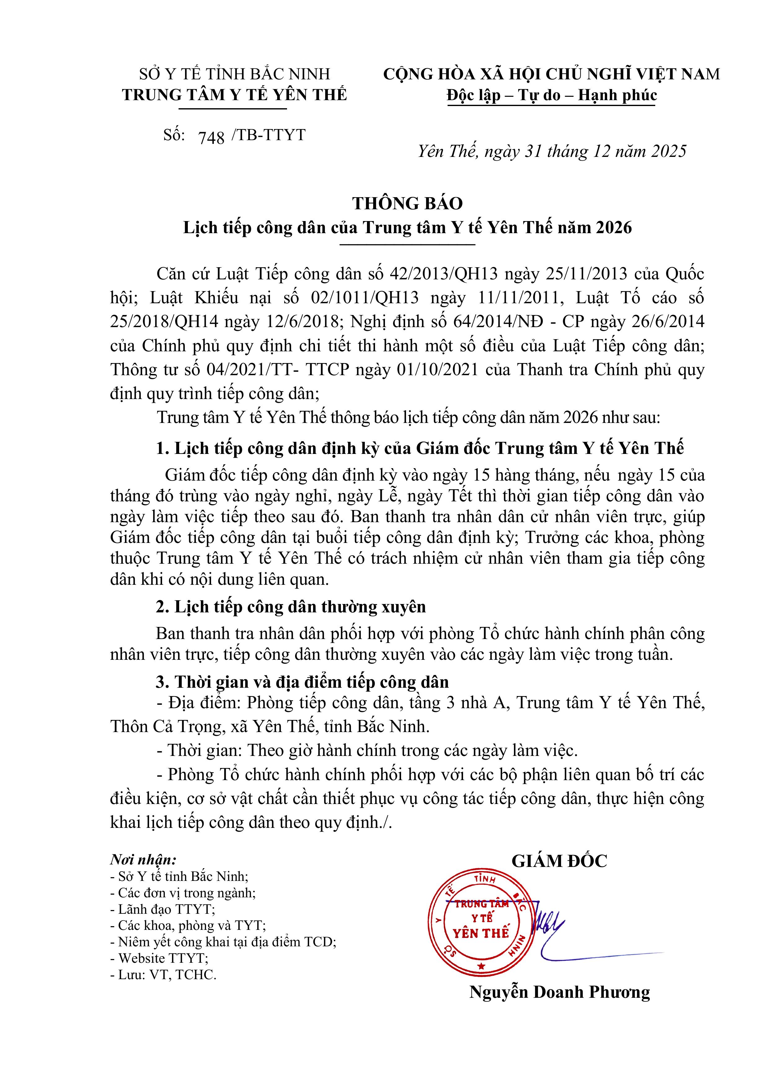 Thông báo lịch tiếp công dân của Trung tâm Y tế Yên Thế năm 2026