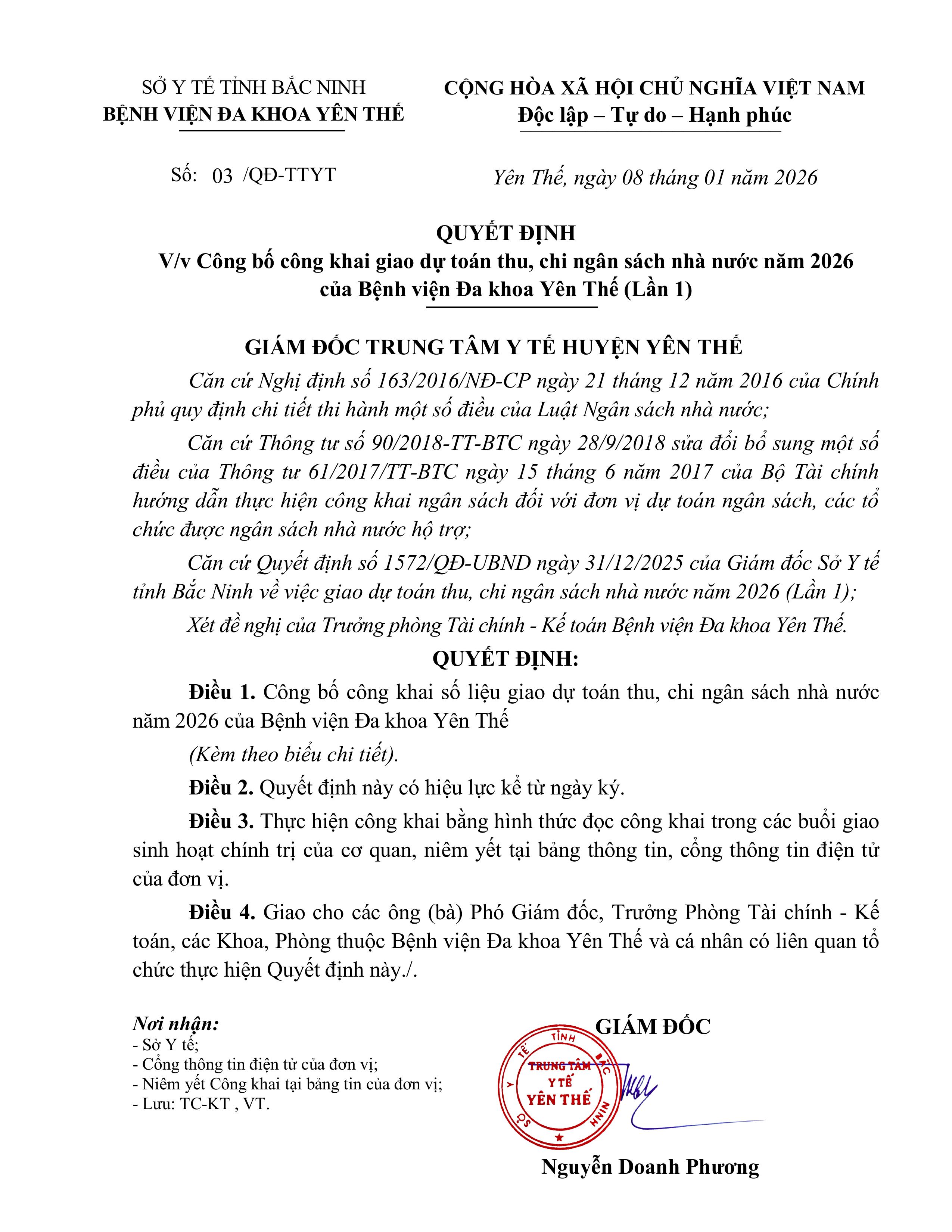 Công bố công khai dự toán thu, chi ngân sách nhà nước năm 2026 của Bệnh viện Đa khoa Yên Thế (Lần 1)