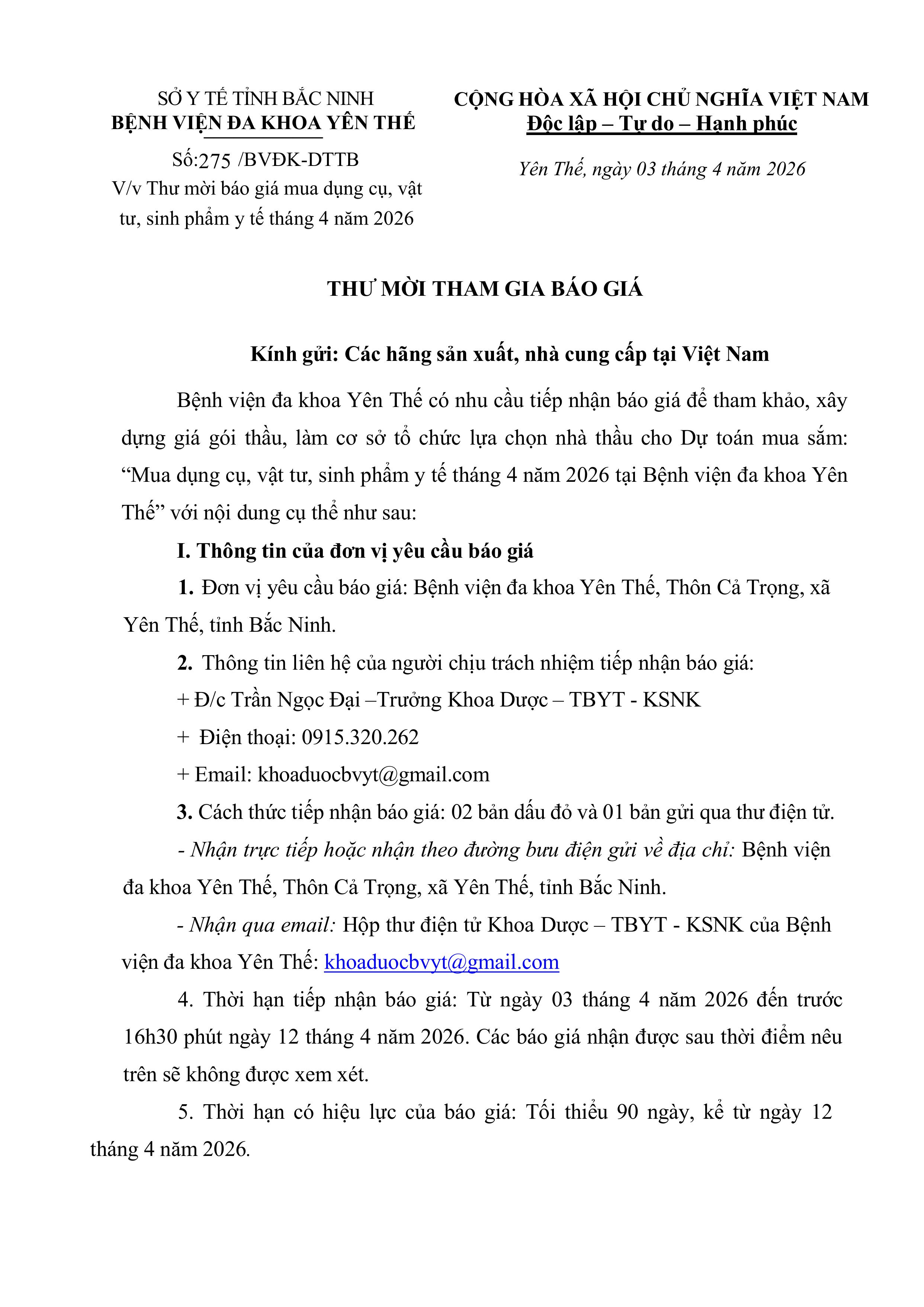 Thư mời báo giá dụng cụ, vật tư