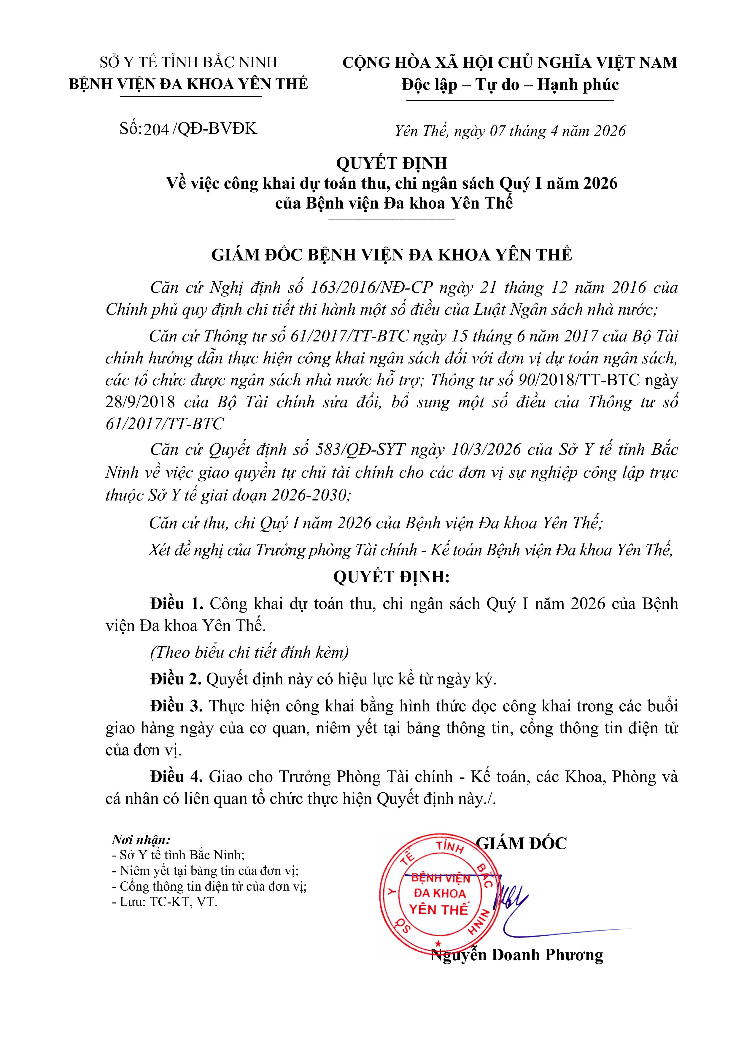 Công khai dự toán thu, chi ngân sách quý I năm 2026 của Bệnh viện Đa khoa Yên Thế