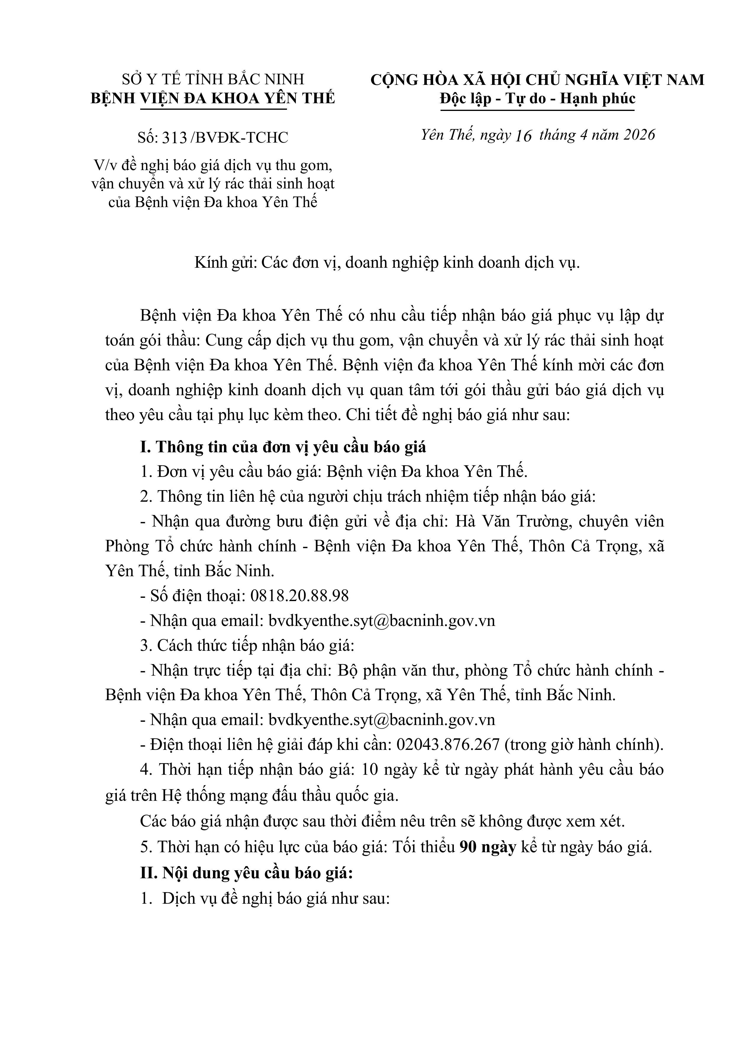 Thư mời báo giá dịch vụ thu gom, vận chuyển và xử lý rác thải sinh hoạt của Bệnh viện Đa khoa ...|https://trungtamytehuyenyenthe.vn/chi-tiet-tin-tuc/-/asset_publisher/eRpXUeVW3L09/content/thu-moi-bao-gia-dich-vu-thu-gom-van-chuyen-va-xu-ly-rac-thai-sinh-hoat-cua-benh-vien-a-khoa-yen-the-thoi-han-tiep-nhan-bao-gia-tu-ngay-16-04-2026-en-n