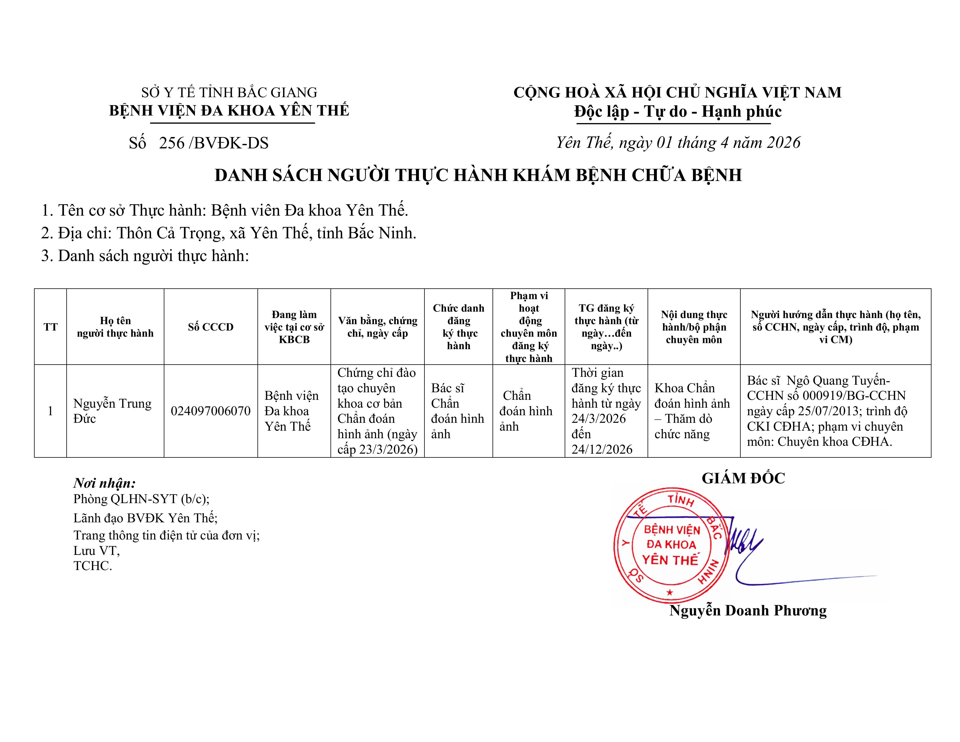 Danh sách người thực hành KCB tại Bệnh viện Đa khoa Yên Thế