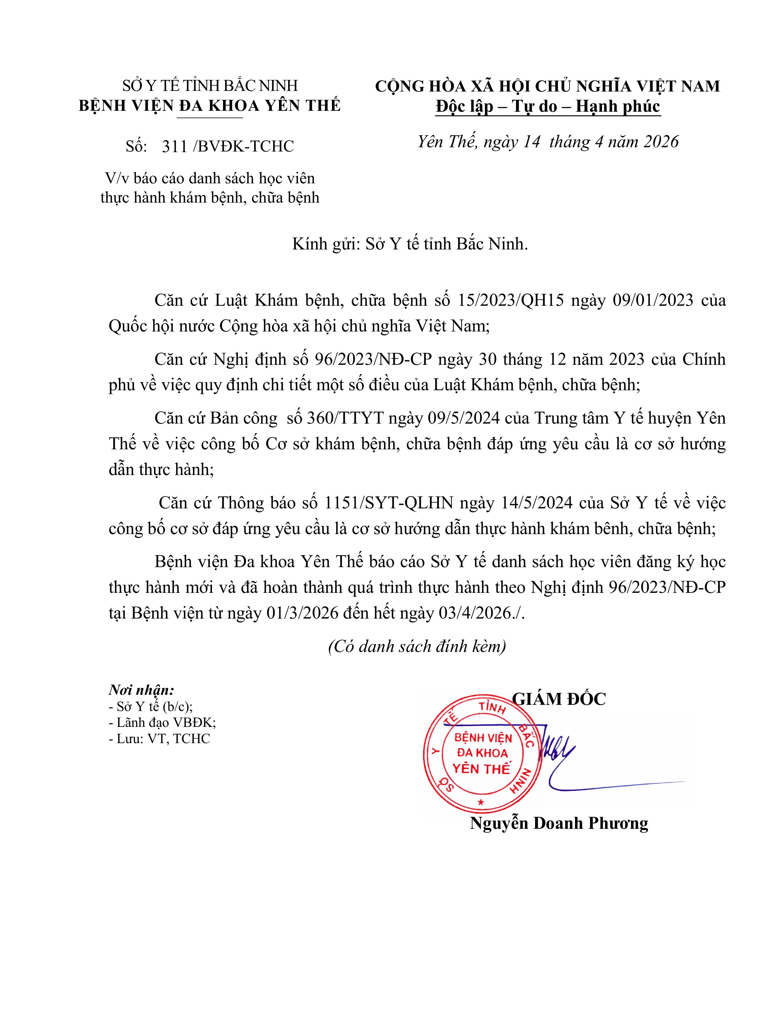 Danh sách thực hành KCB tại BVĐK Yên Thế