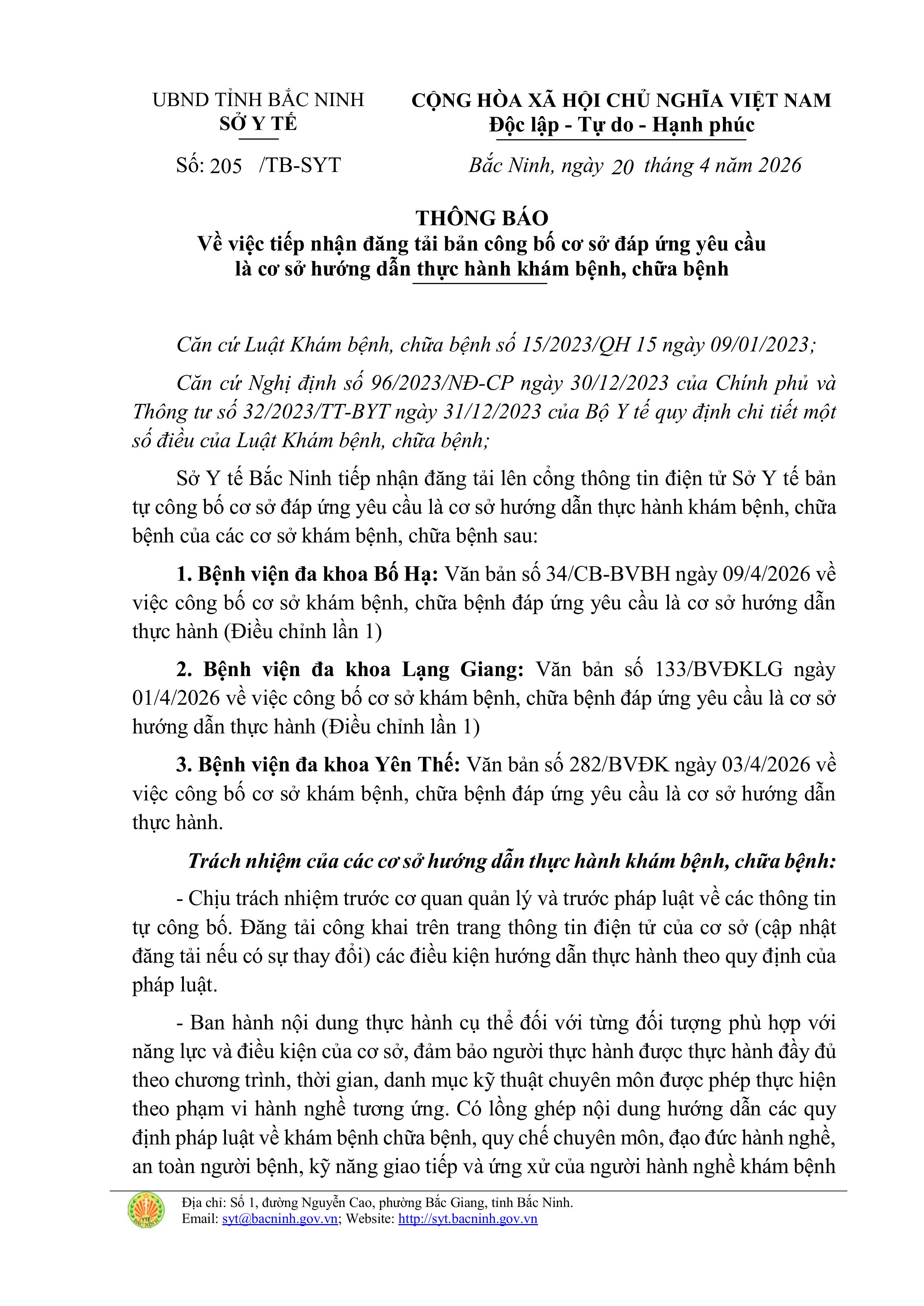 Thông báo về việc tiếp nhận đăng tải bản công bố cơ sở đáp ứng yêu cầu là cơ sở hướng dẫn thực...|https://trungtamytehuyenyenthe.vn/chi-tiet-tin-tuc/-/asset_publisher/eRpXUeVW3L09/content/thong-bao-ve-viec-tiep-nhan-ang-tai-ban-cong-bo-co-so-ap-ung-yeu-cau-la-co-so-huong-dan-thuc-hanh-kham-benh-chua-benh-cua-so-y-te-tinh-bac-ninh