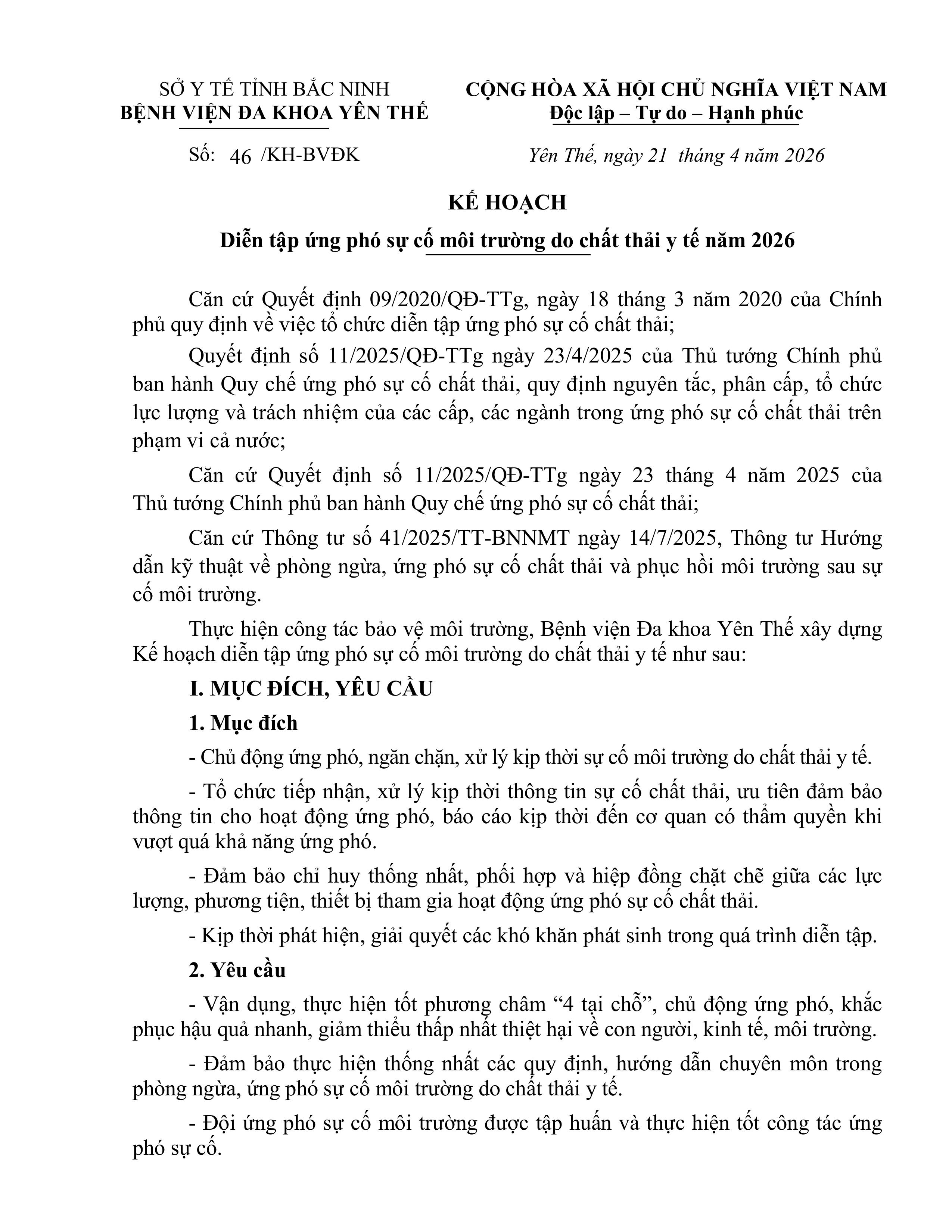 BVĐK Yên Thế ban hành Kế hoạch Diễn tập ứng phó sự cố môi trường do chất thải y tế năm 2026|https://trungtamytehuyenyenthe.vn/chi-tiet-tin-tuc/-/asset_publisher/eRpXUeVW3L09/content/bv-k-yen-the-ban-hanh-ke-hoach-dien-tap-ung-pho-su-co-moi-truong-do-chat-thai-y-te-nam-2026