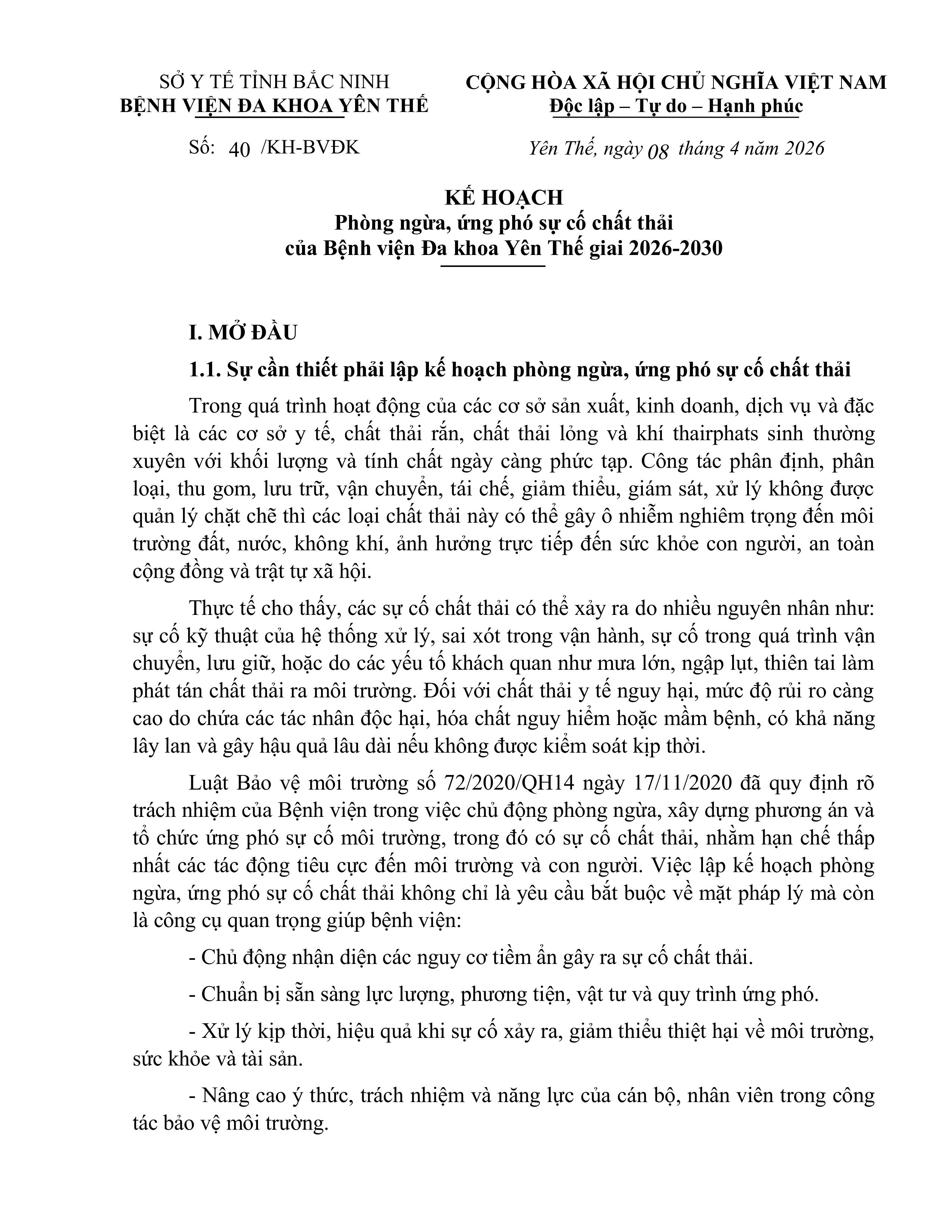 BVĐK Yên Thế ban hành Kế hoạch phòng ngừa, ứng phó sự cố chất thải của BVĐK Yên Thế giai đoạn...