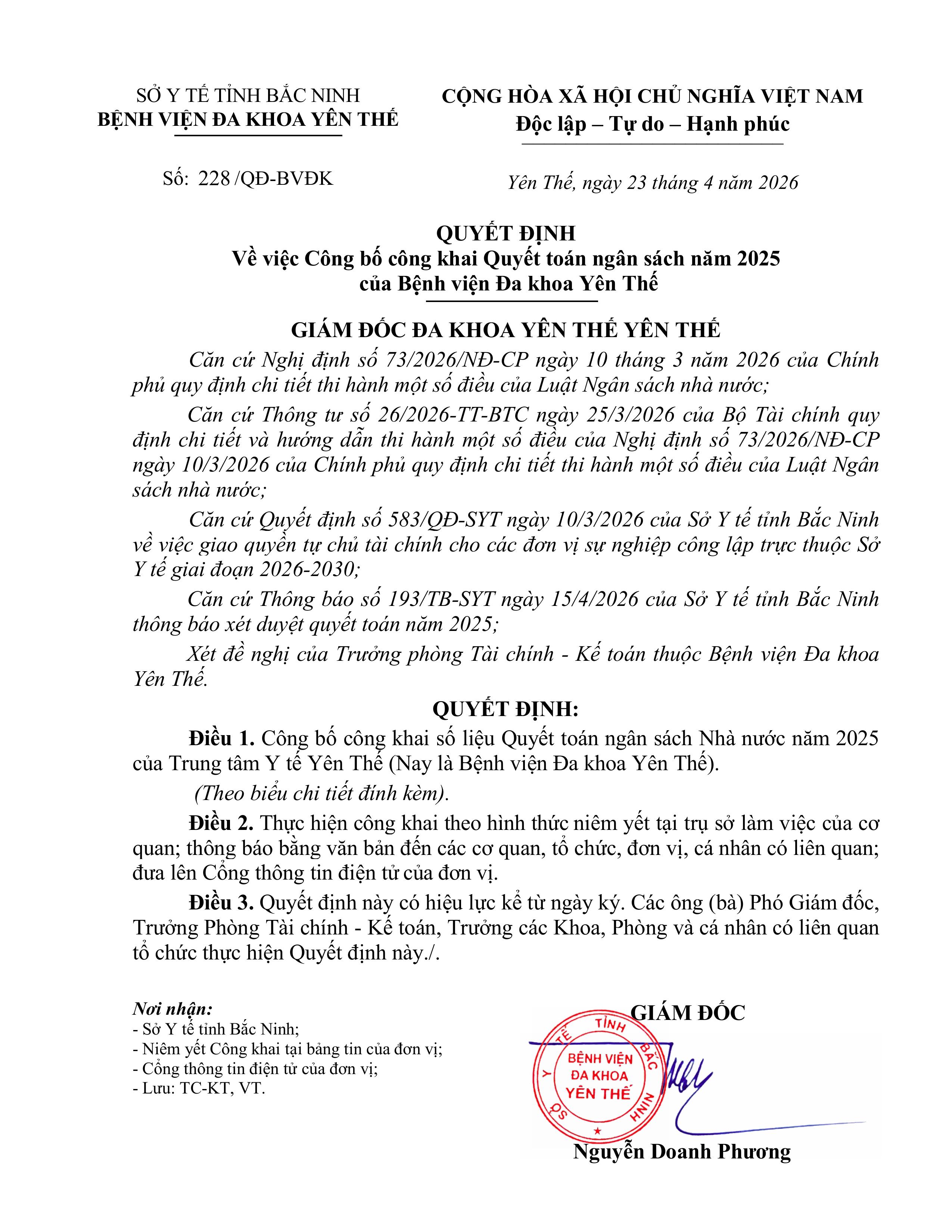 Công bố công khai  Quyết toán ngân sách năm 2025 của Bệnh viện Đa khoa Yên Thế