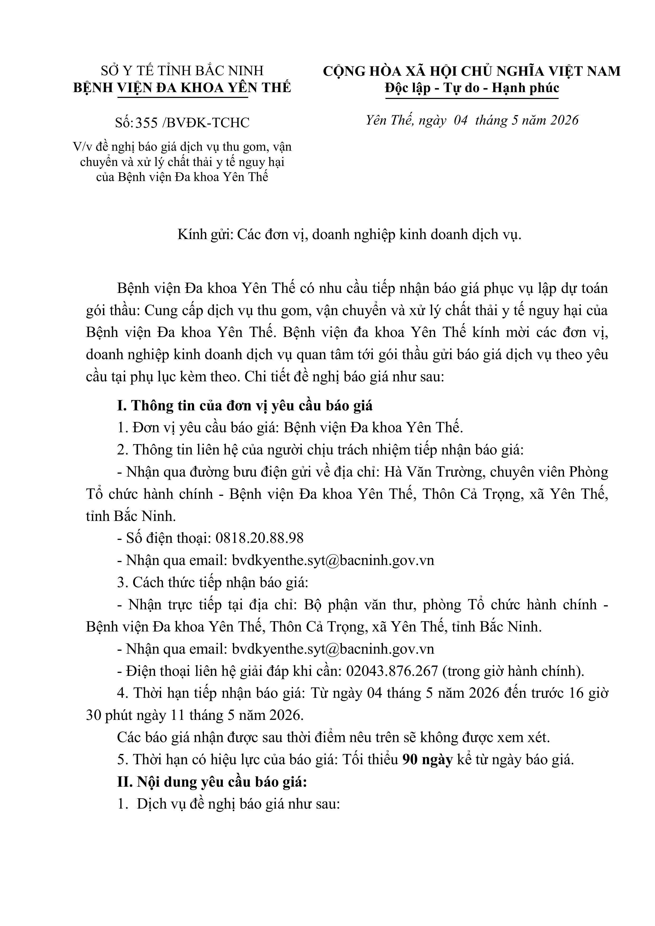 Thư mời báo giá dịch vụ thu gom, vận chuyển và xử lý chất thải y tế nguy hại của Bệnh viện Đa...