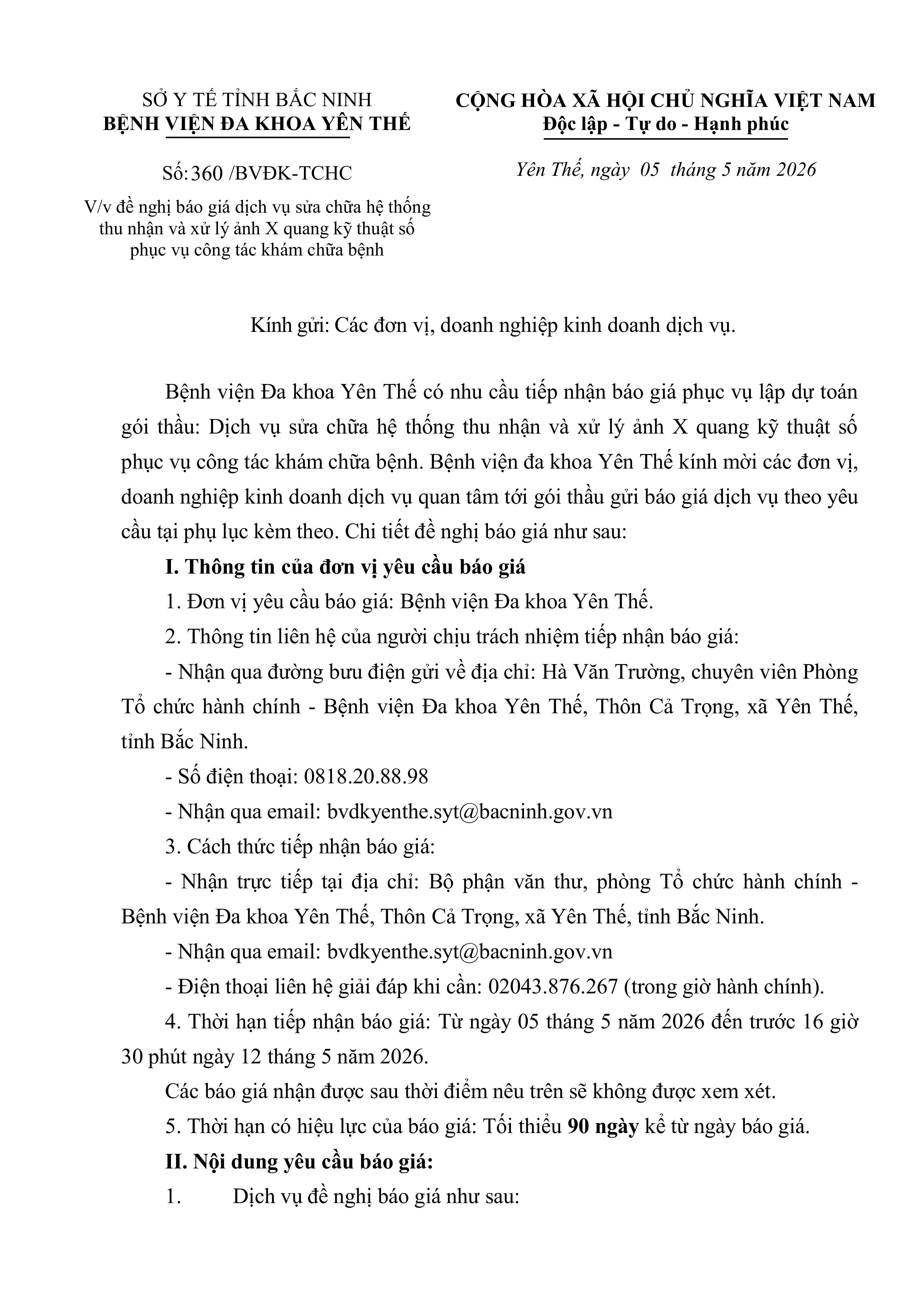 Báo giá dịch vụ sửa chữa hệ thống thu nhận và xử lý ảnh X Quang kỹ thuật  số phục vụ công tác KCB