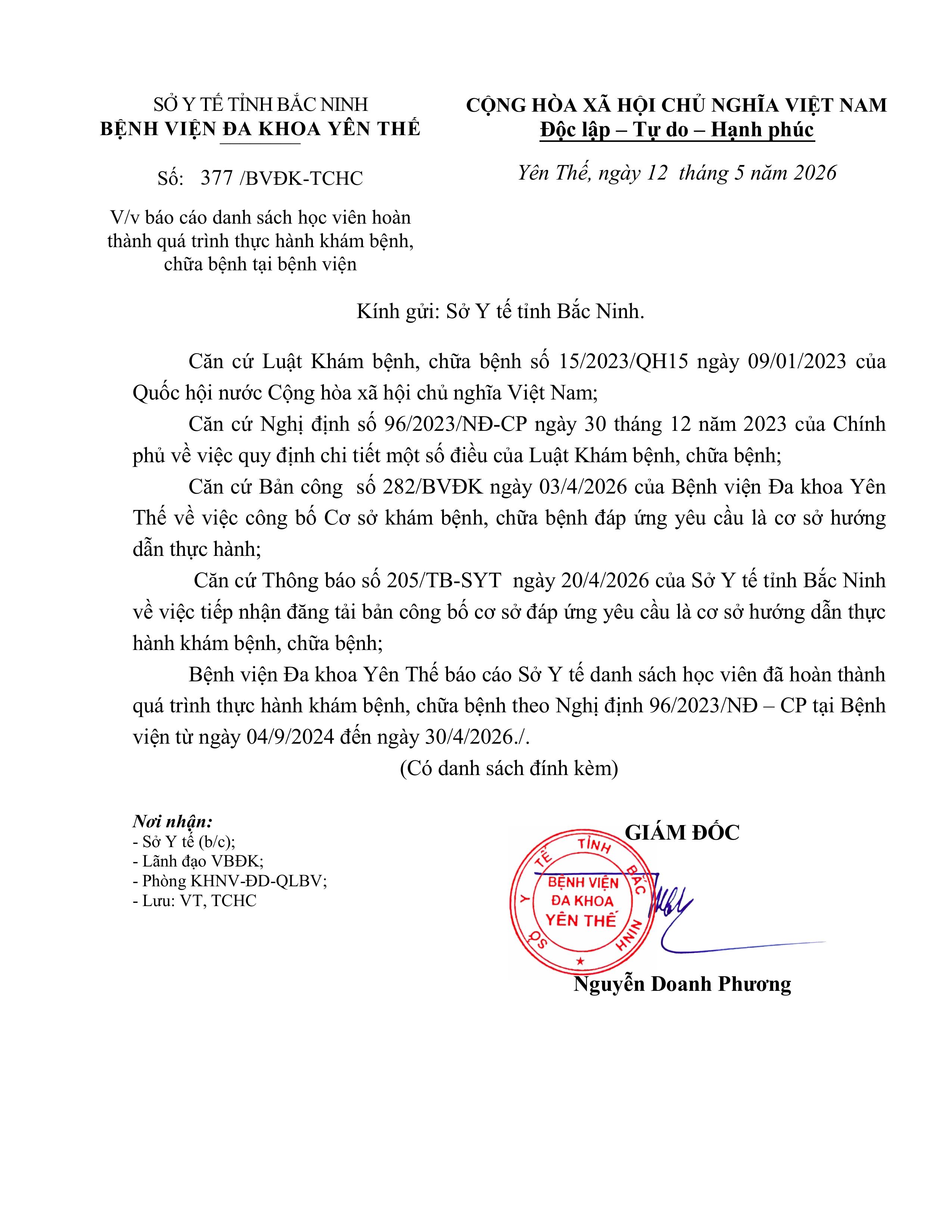 Báo cáo danh sách học viên hoàn thành quá trình thực hành khám bệnh, chữa bệnh