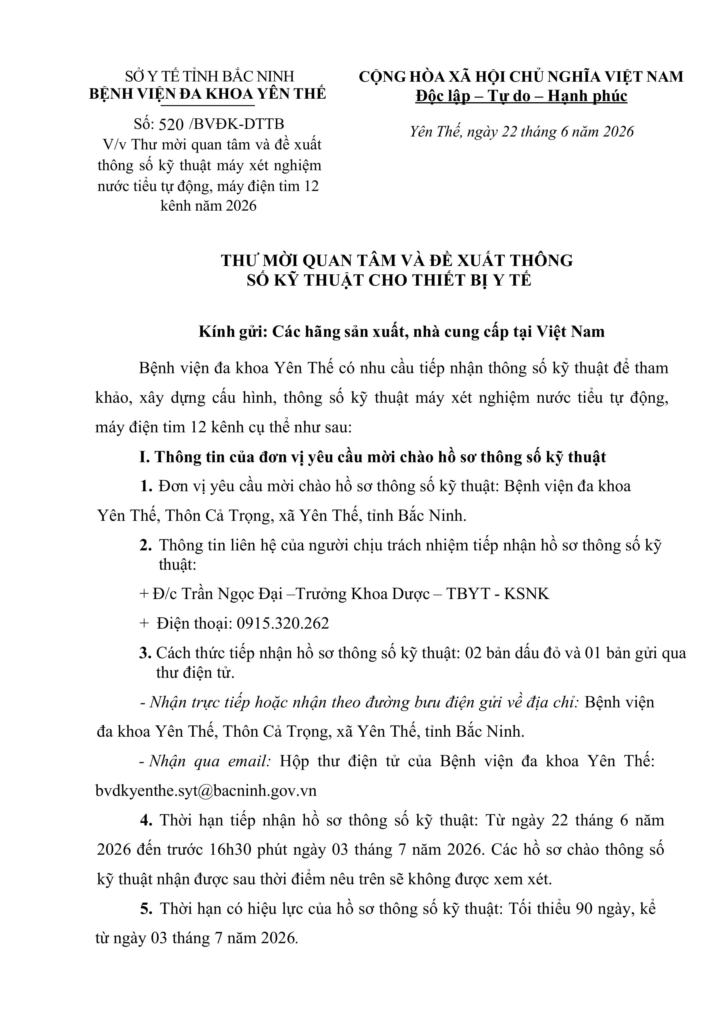 Thư mời quan tâm và đề xuát thông số kỹ thuật máy xét nghiệm nước tiểu tự động, máy điện tim