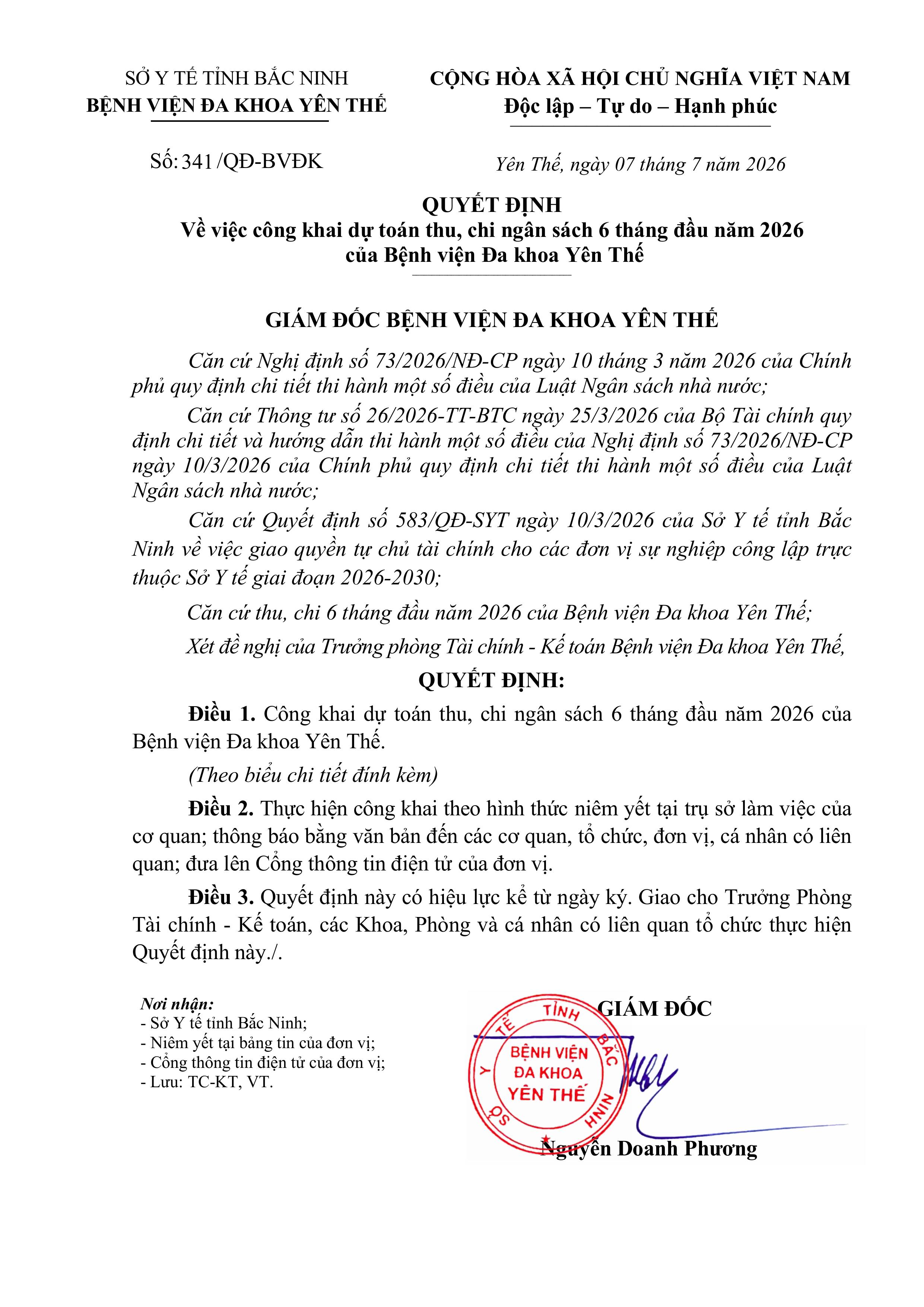 Quyết định về việc công khai dự toán thu, chi ngân sách 6 tháng đầu năm 2026 của BVĐK Yên Thế