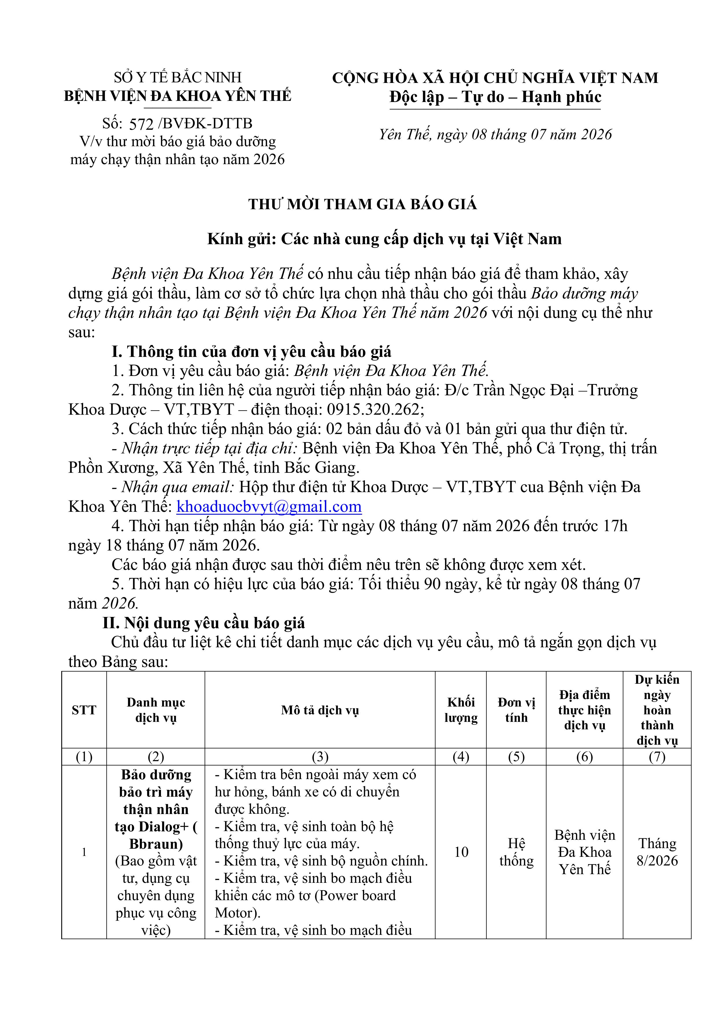 Thư mời báo giá bảo dưỡng máy chạy thận nhân tạo năm 2026