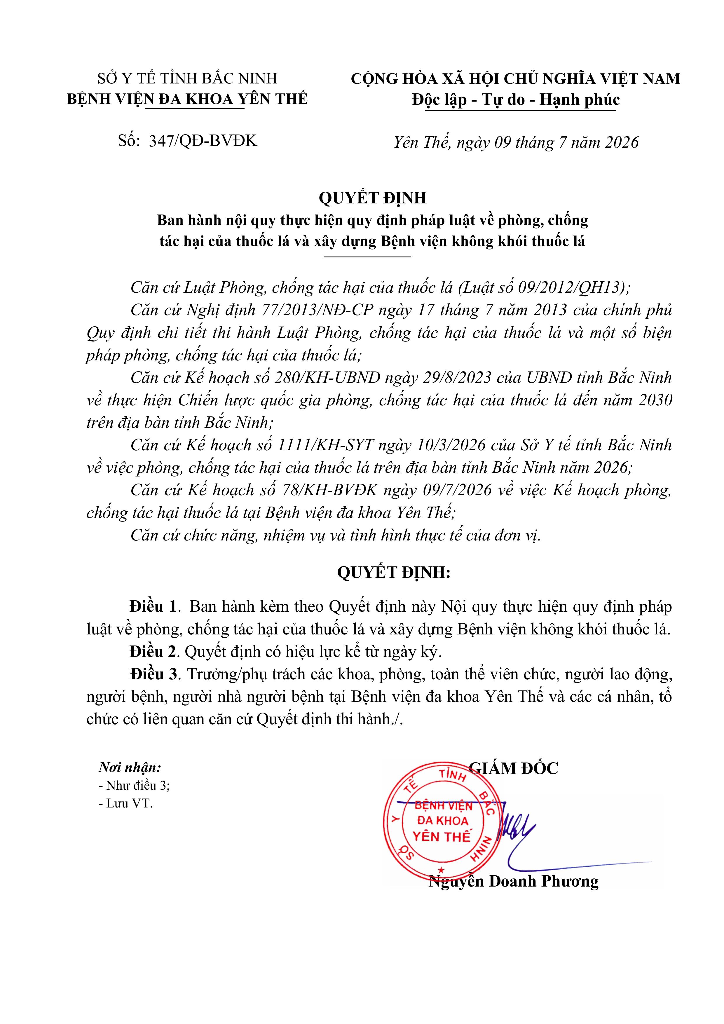 Quyết định Ban hành nội quy thực hiện quy định pháp luật về phòng, chống tác hại của thuốc lá và...