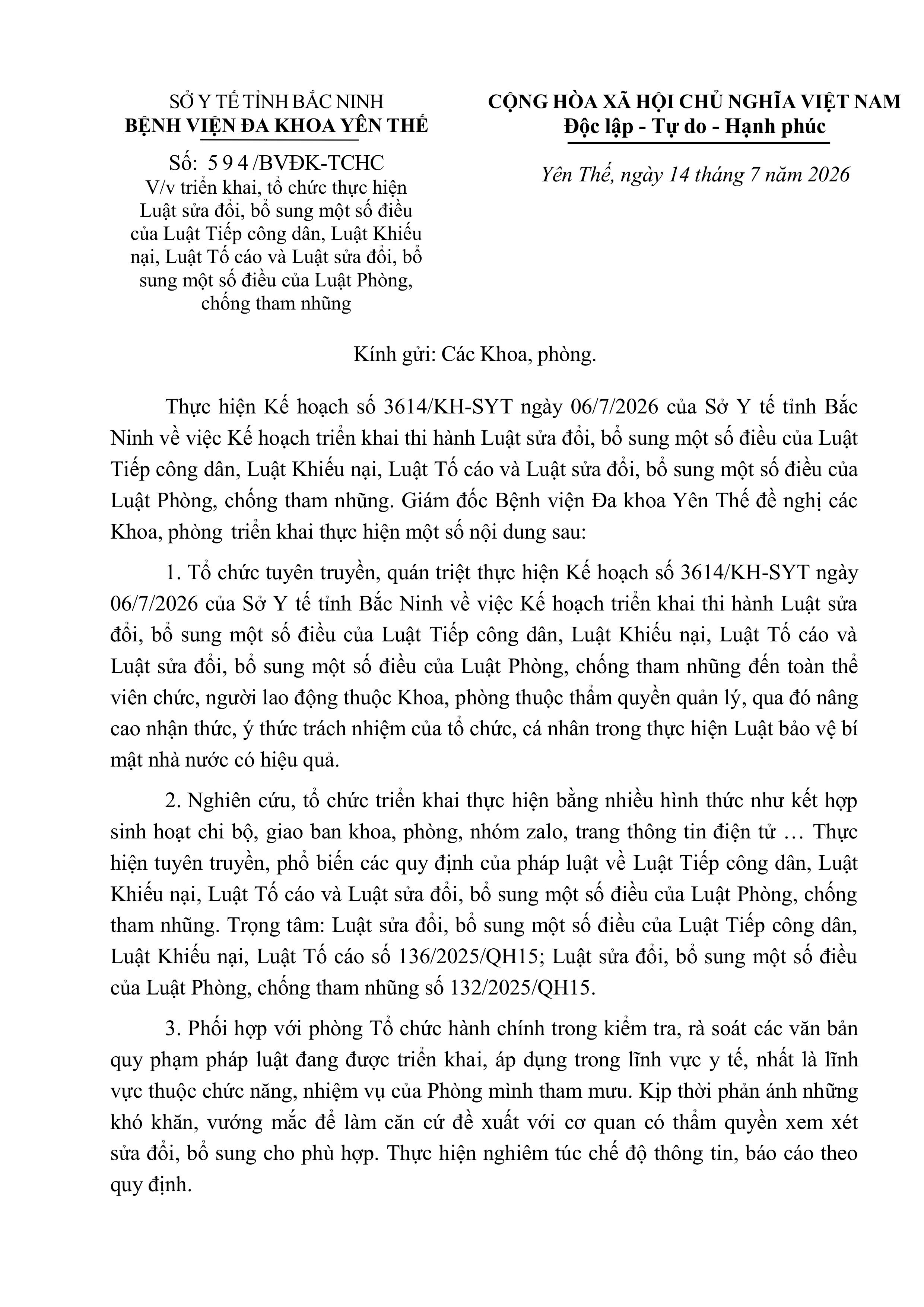 Công văn về việc triển khai, tổ chức thực hiện  Luật sửa đổi, bổ sung một số điều  của Luật Tiếp...
